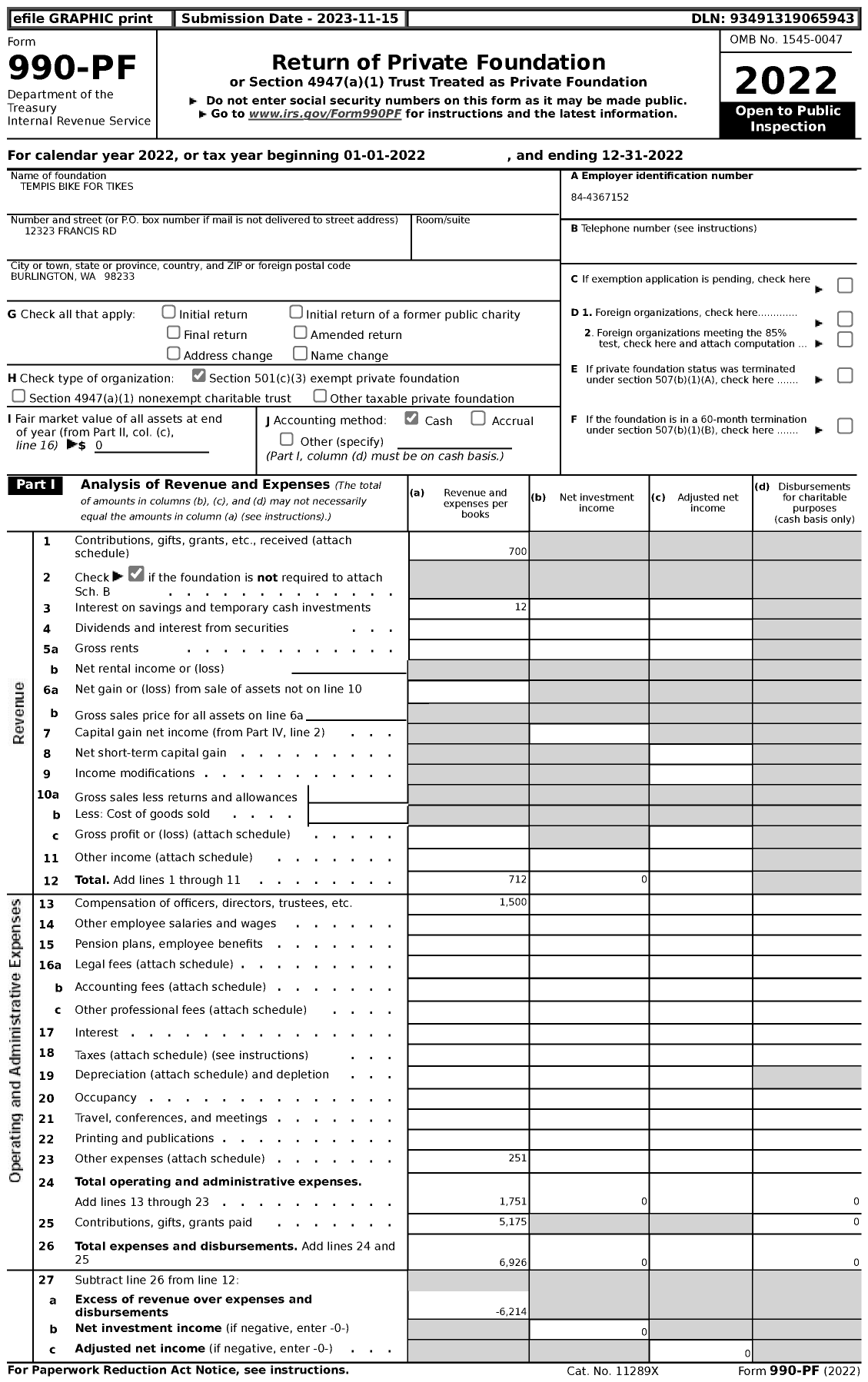 Image of first page of 2022 Form 990PF for Tempis Bike for Tikes