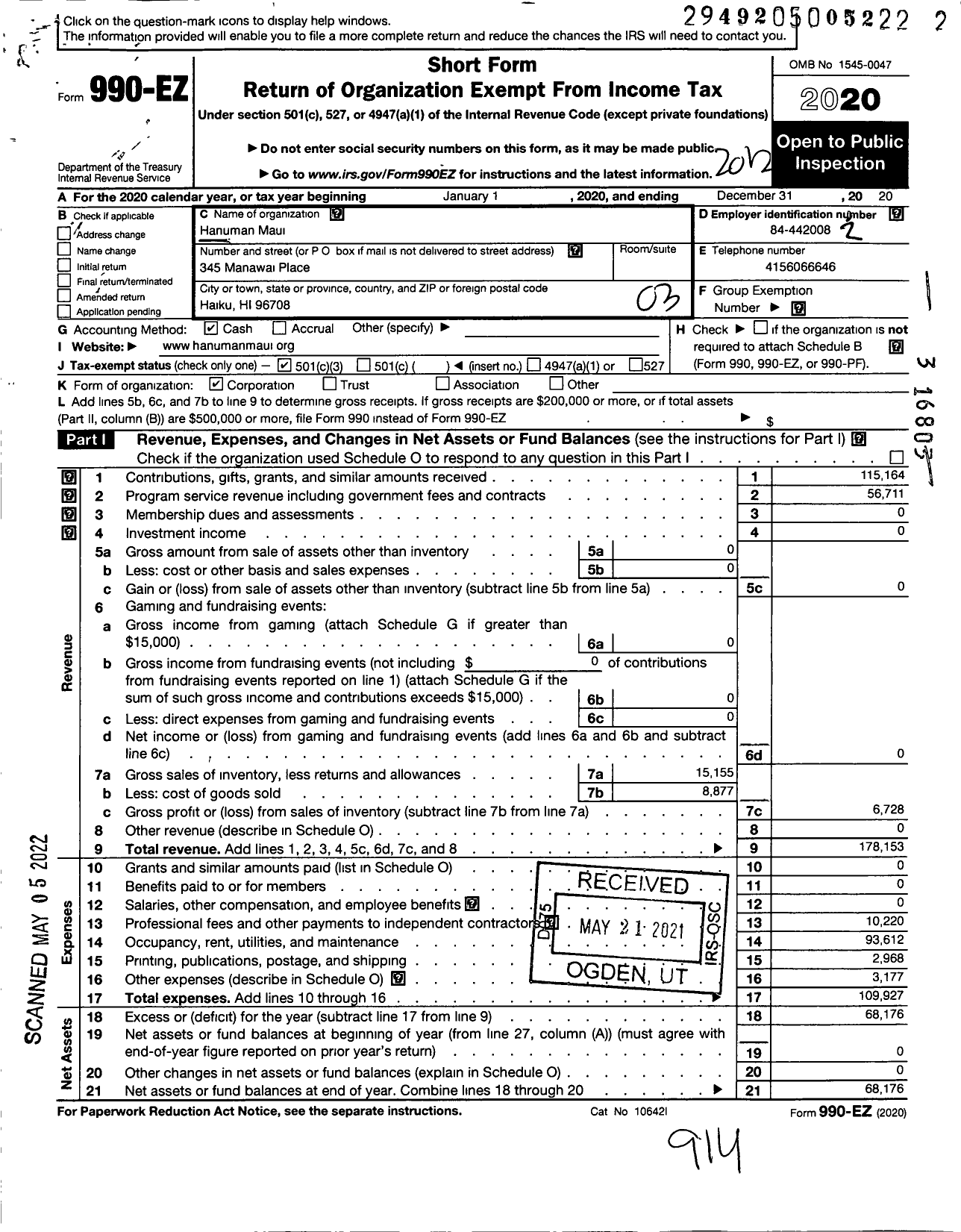 Image of first page of 2020 Form 990EZ for Hanuman Maui