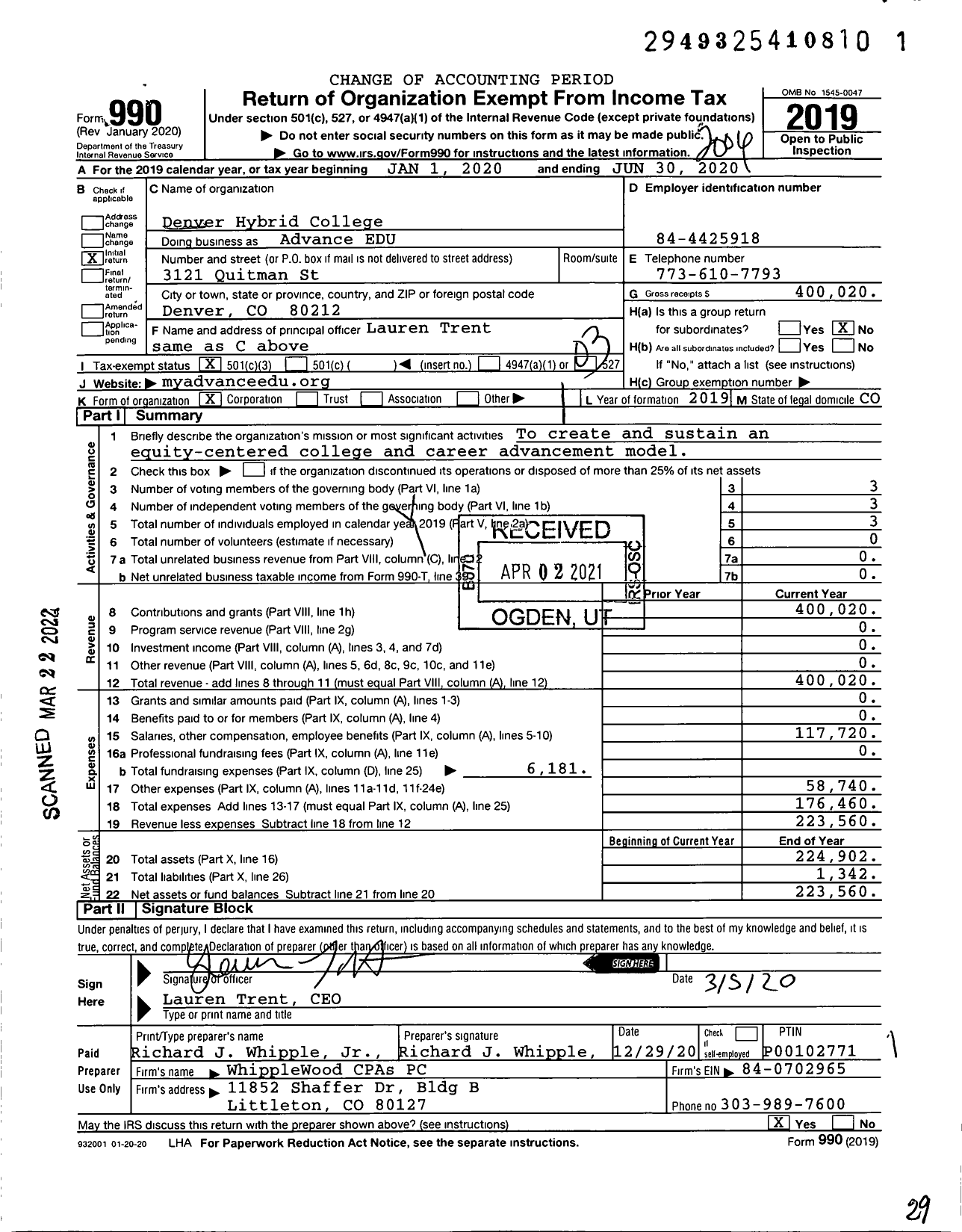 Image of first page of 2019 Form 990 for Advanceedu