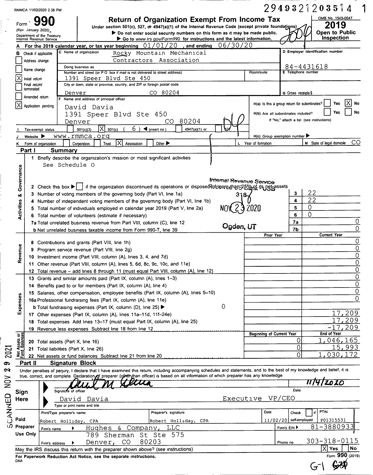 Image of first page of 2019 Form 990O for Rocky Mountain Mechanical Contractors Association