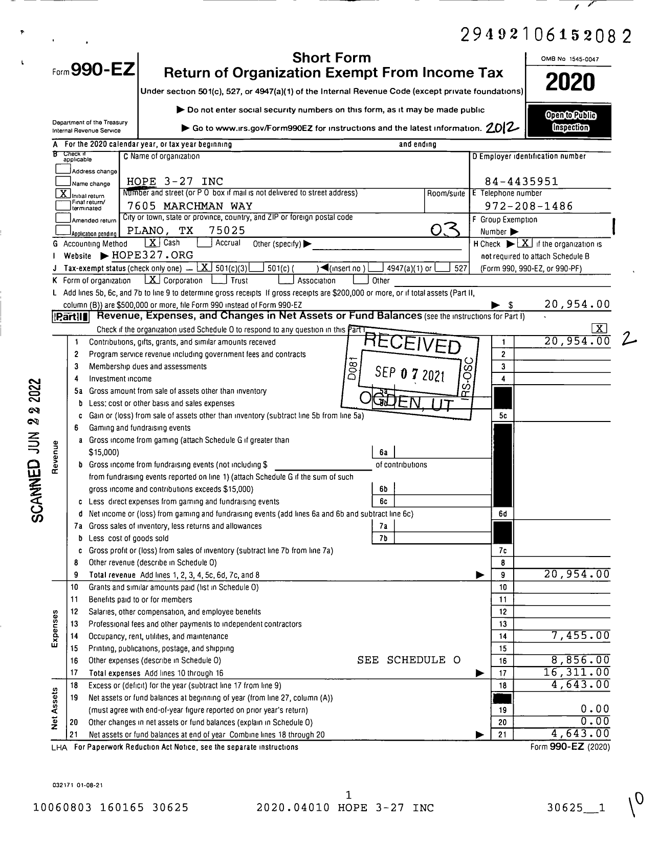 Image of first page of 2020 Form 990EZ for Hope 3-27