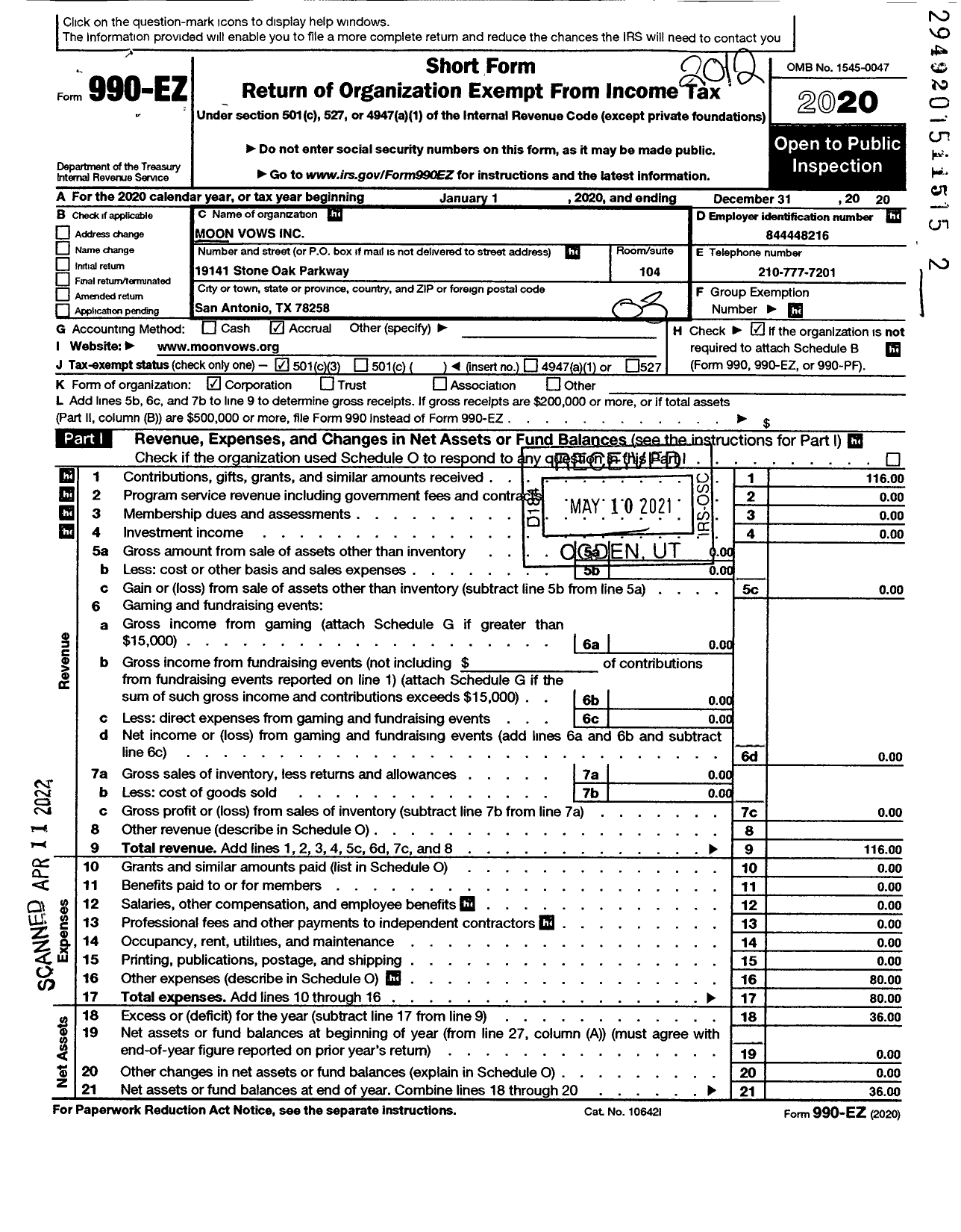 Image of first page of 2020 Form 990EZ for Moon Vows