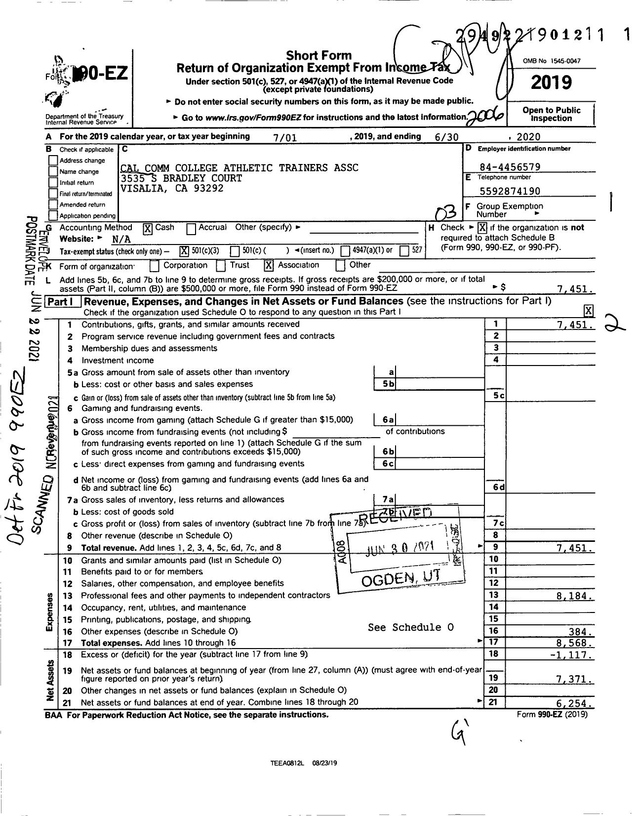 Image of first page of 2019 Form 990EZ for California Community College Athletic Trainers Association