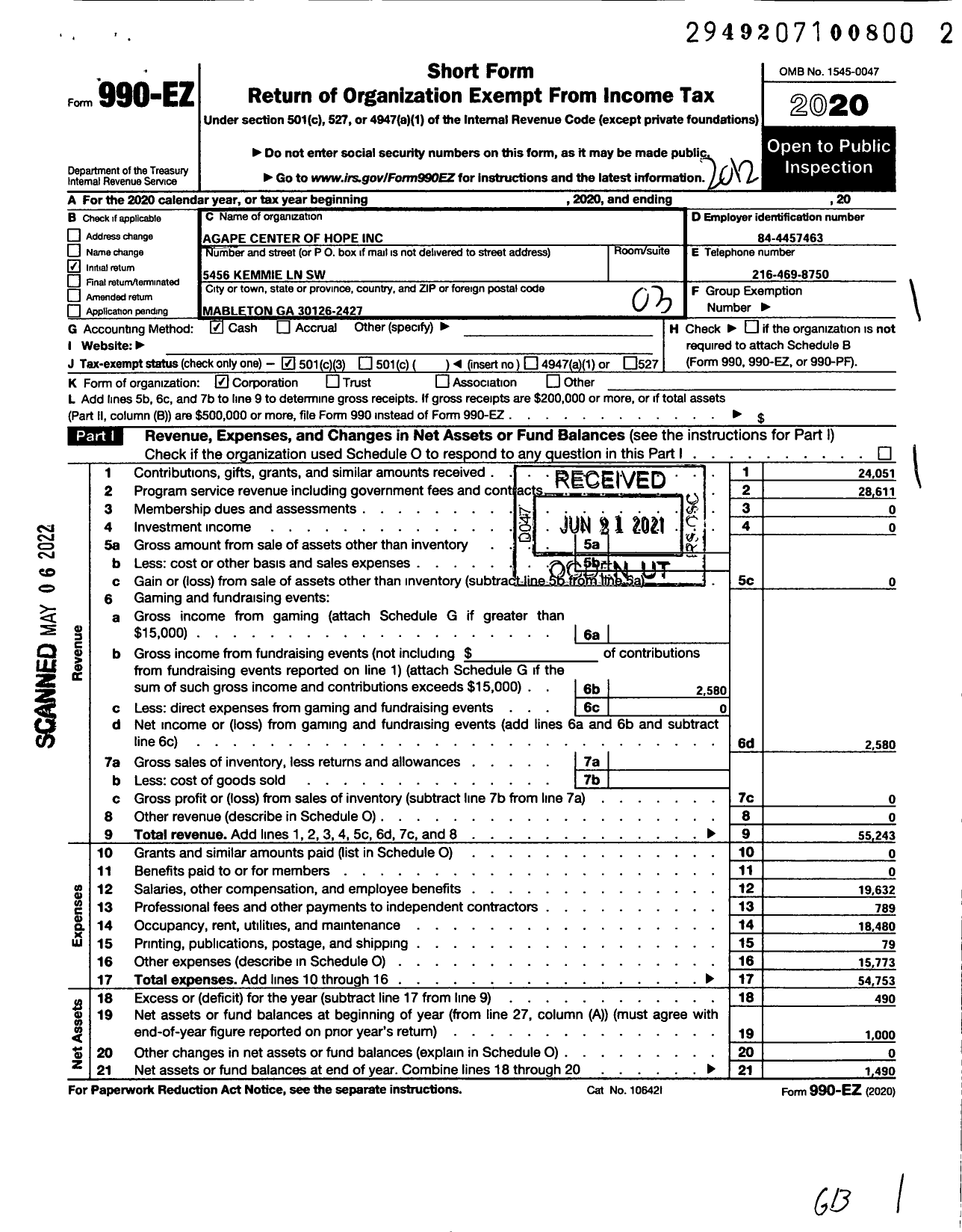 Image of first page of 2020 Form 990EZ for Agape Center of Hope Incorporated