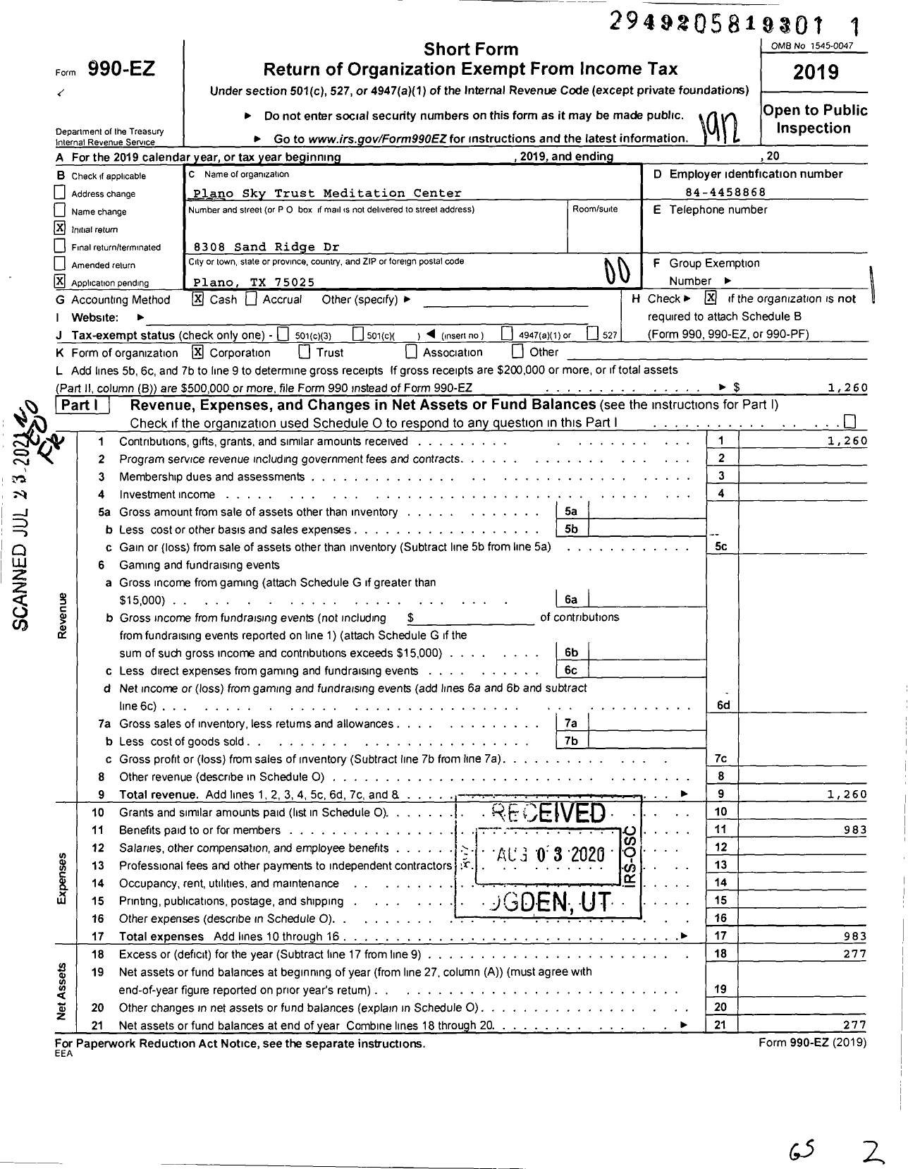 Image of first page of 2019 Form 990EO for Dallas Sky Trust Meditation Center