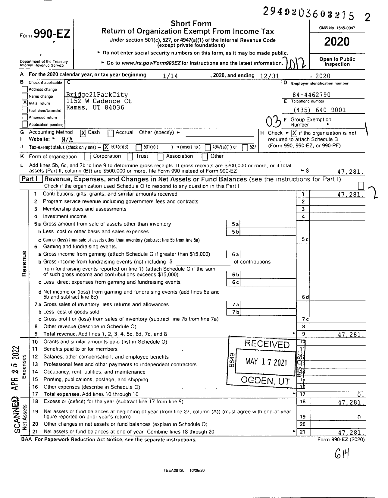 Image of first page of 2020 Form 990EZ for Bridge21 Park City Corporation