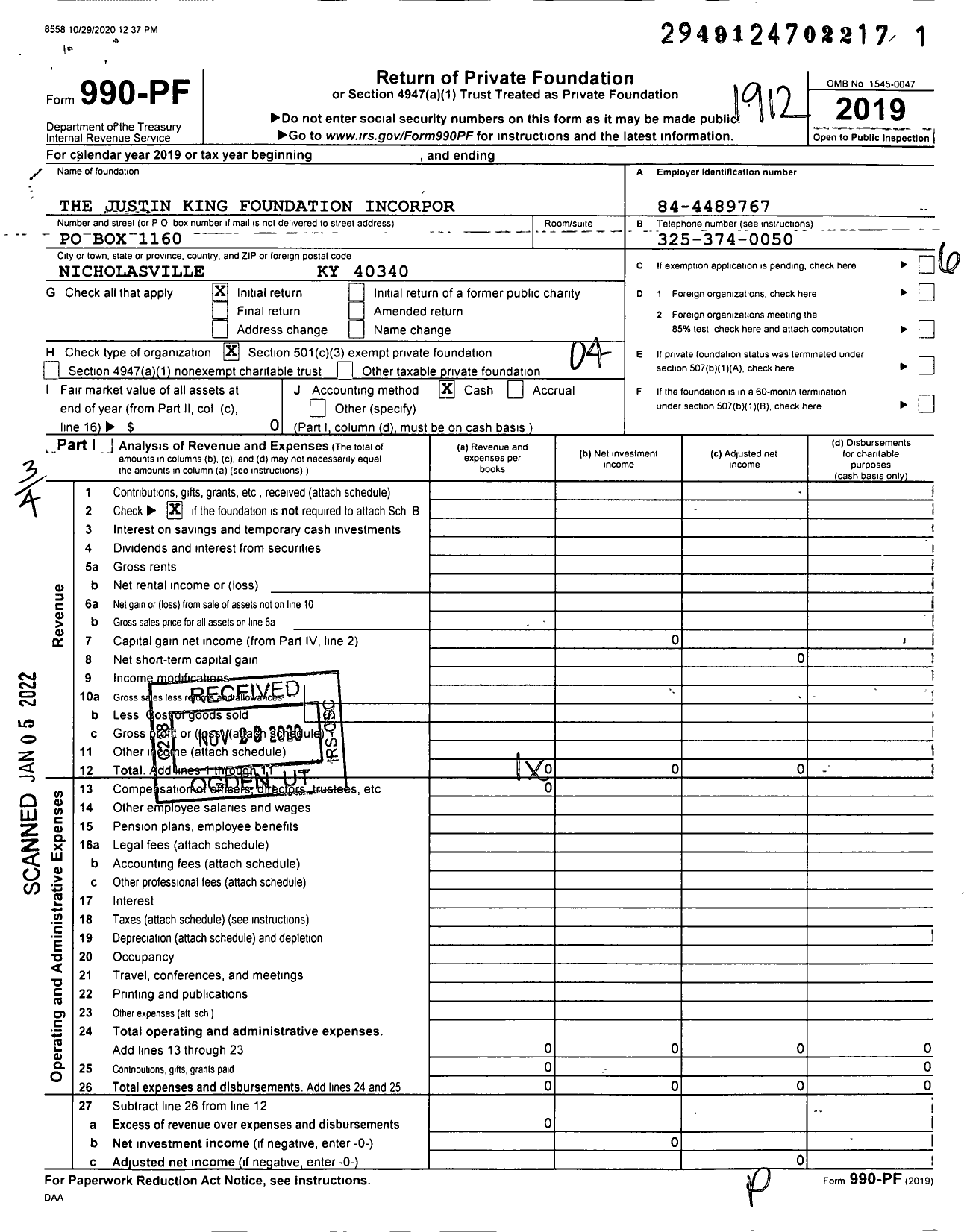Image of first page of 2019 Form 990PF for The Justin King Foundation Incorporated