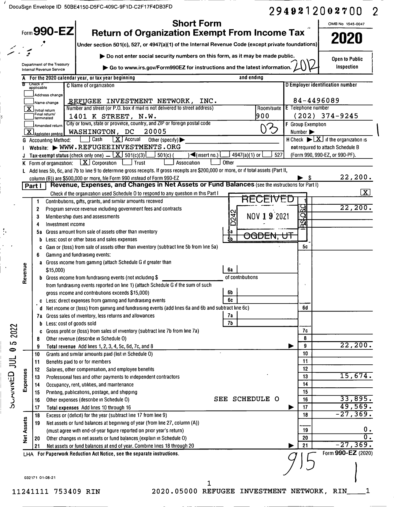 Image of first page of 2020 Form 990EZ for Refugee Investment Network