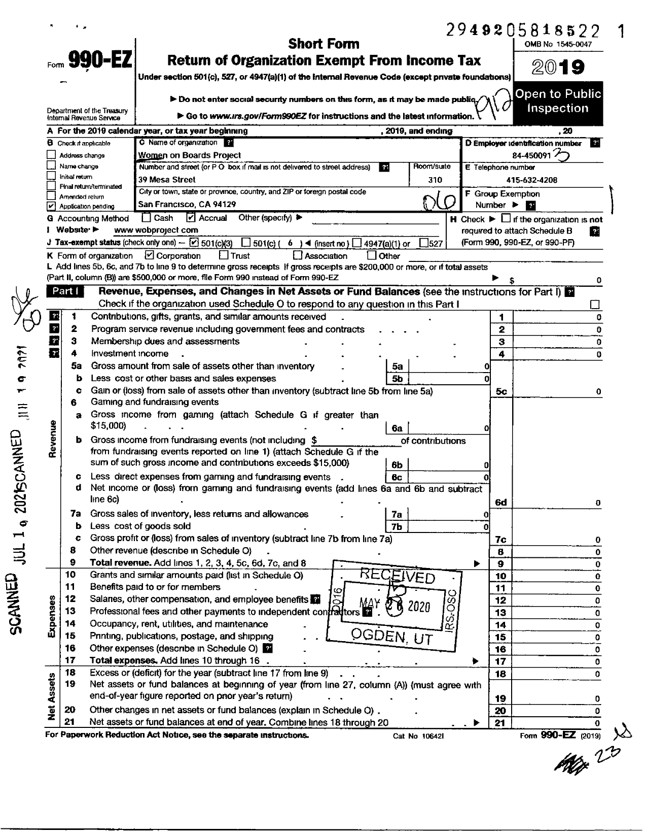 Image of first page of 2019 Form 990EO for Women on Boards Project