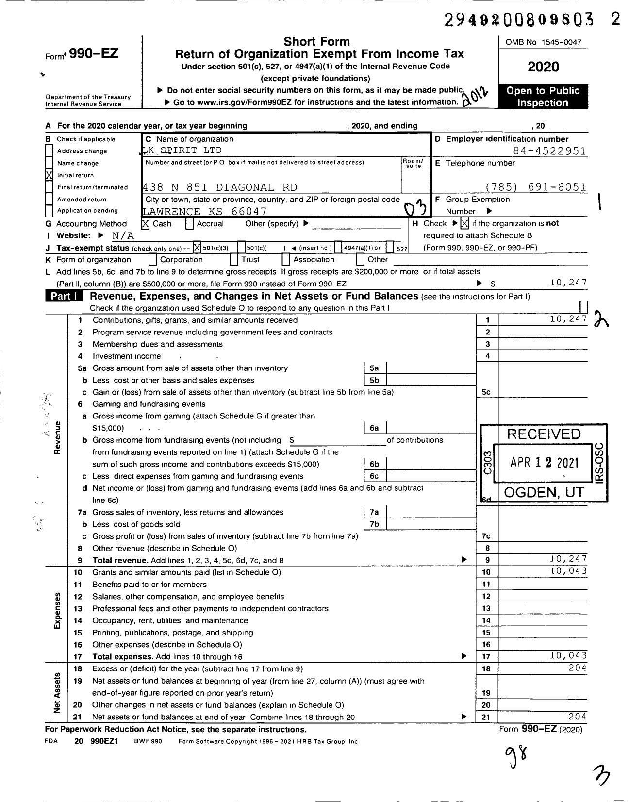 Image of first page of 2020 Form 990EZ for LK Spirit Mary Maurer