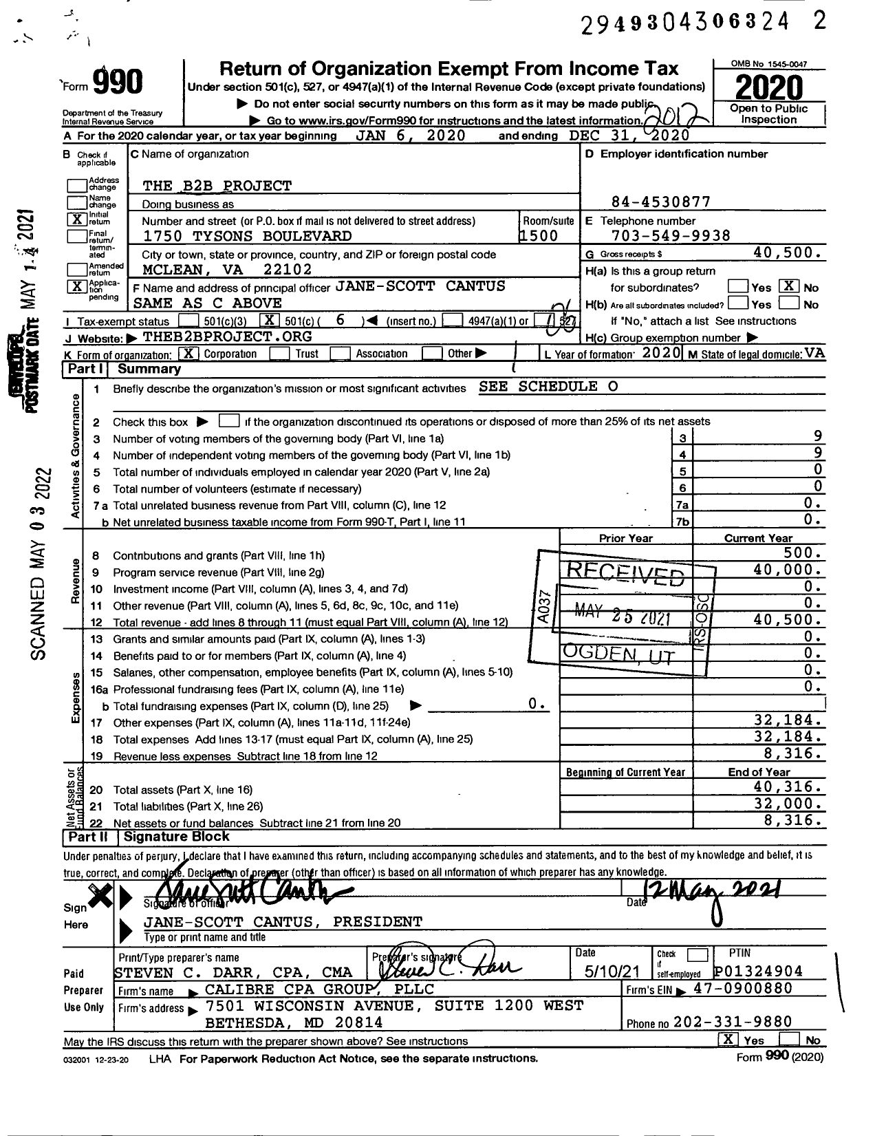 Image of first page of 2020 Form 990O for The B2B Project