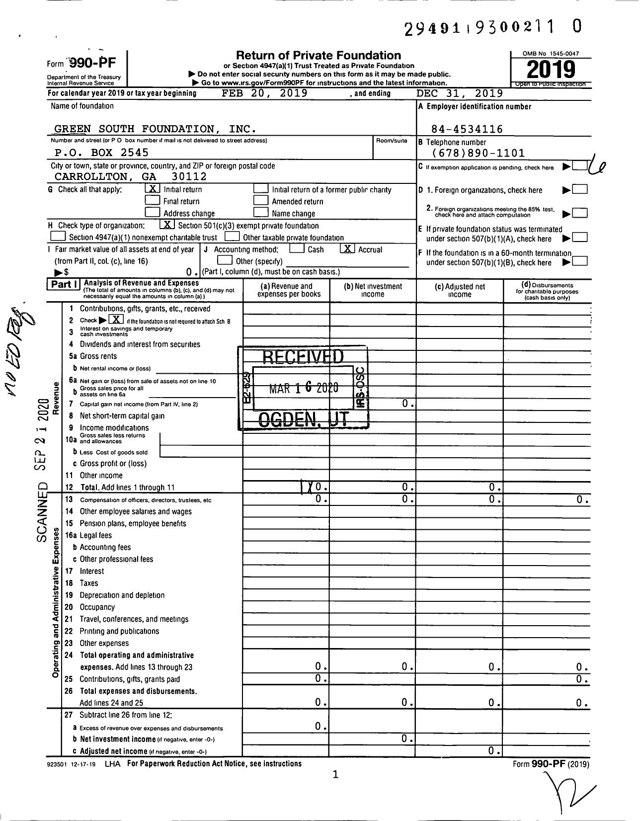 Image of first page of 2019 Form 990PR for Green South Foundation