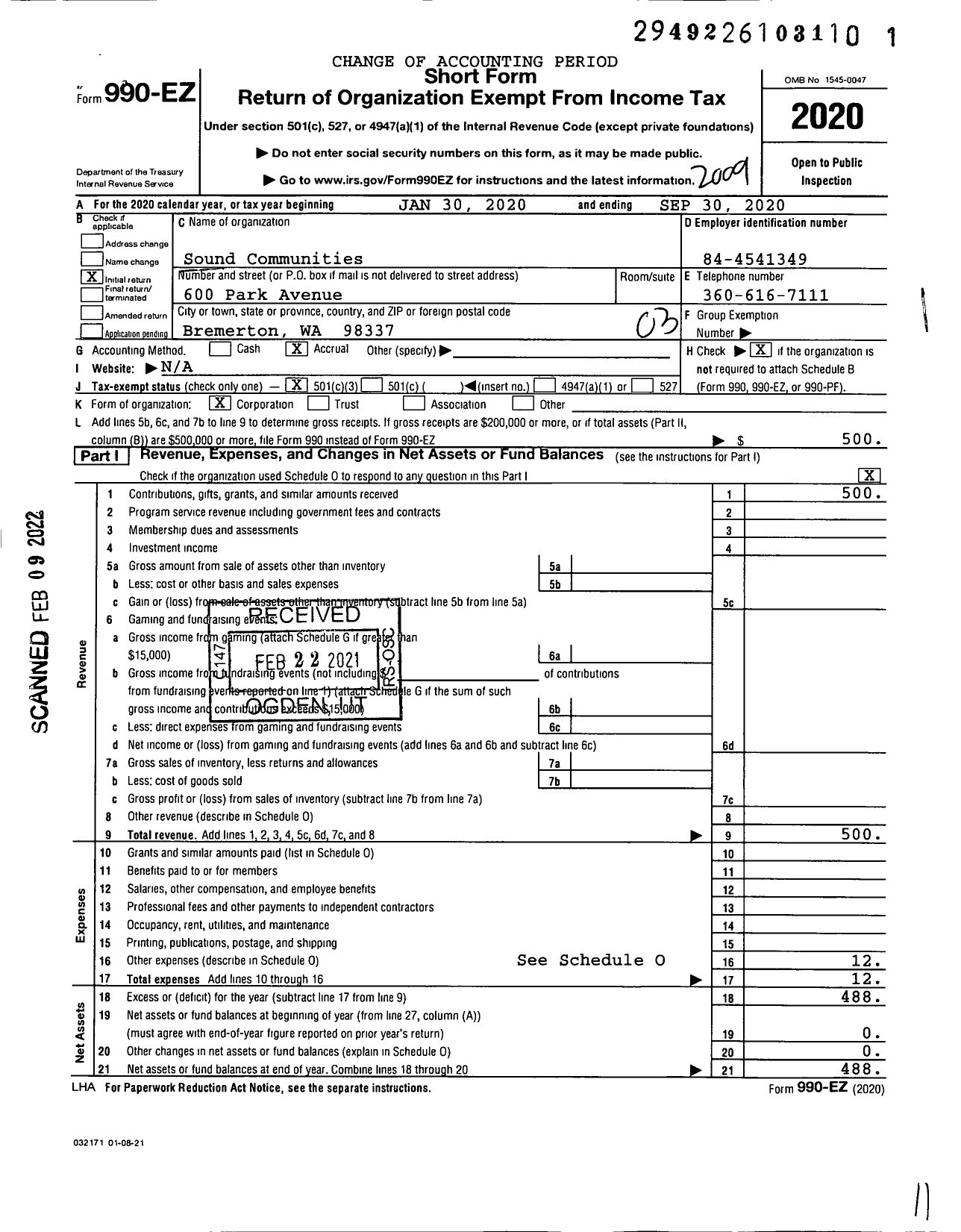 Image of first page of 2019 Form 990EZ for Sound Communities