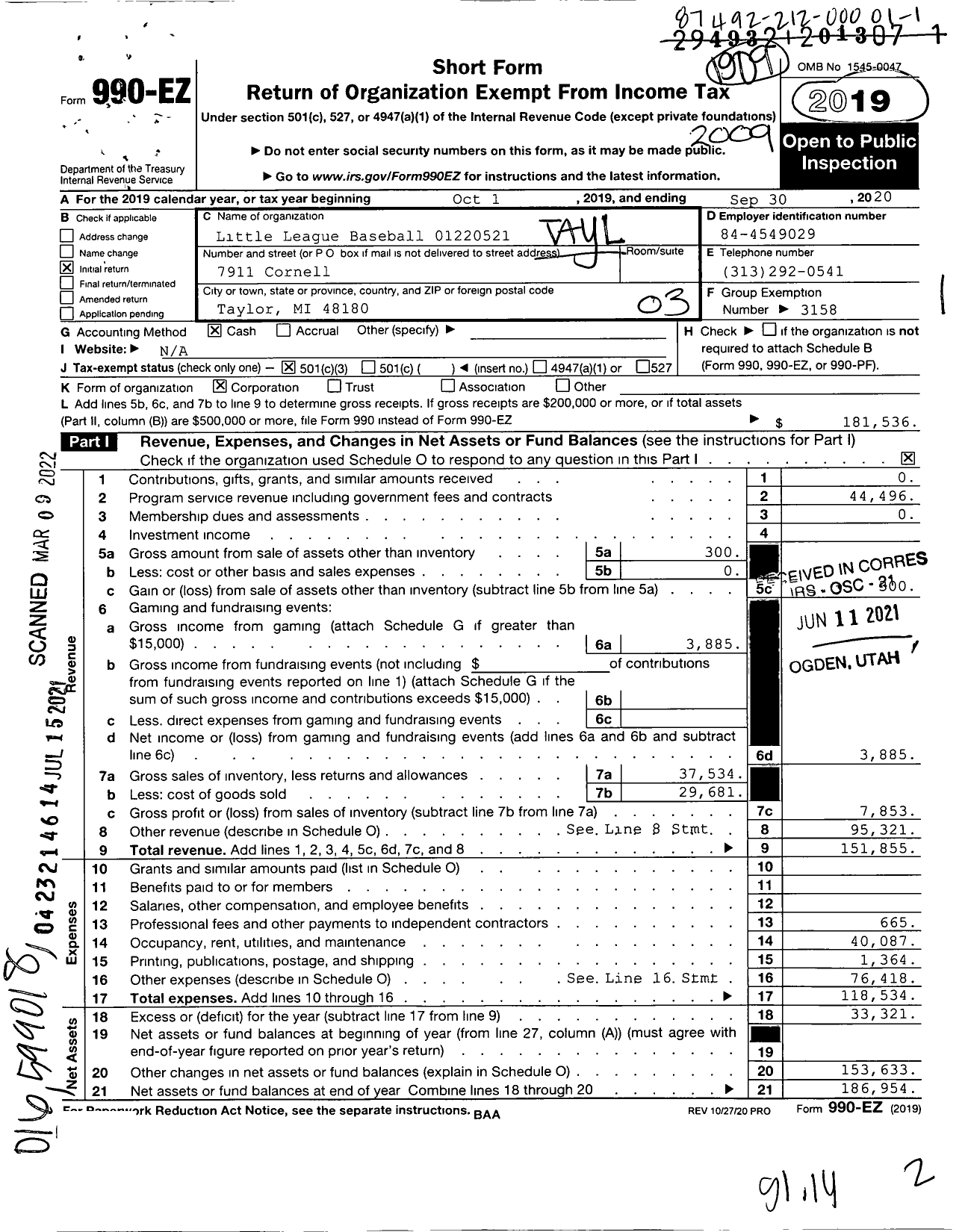 Image of first page of 2019 Form 990EZ for Little League Baseball - Taylor North Little League