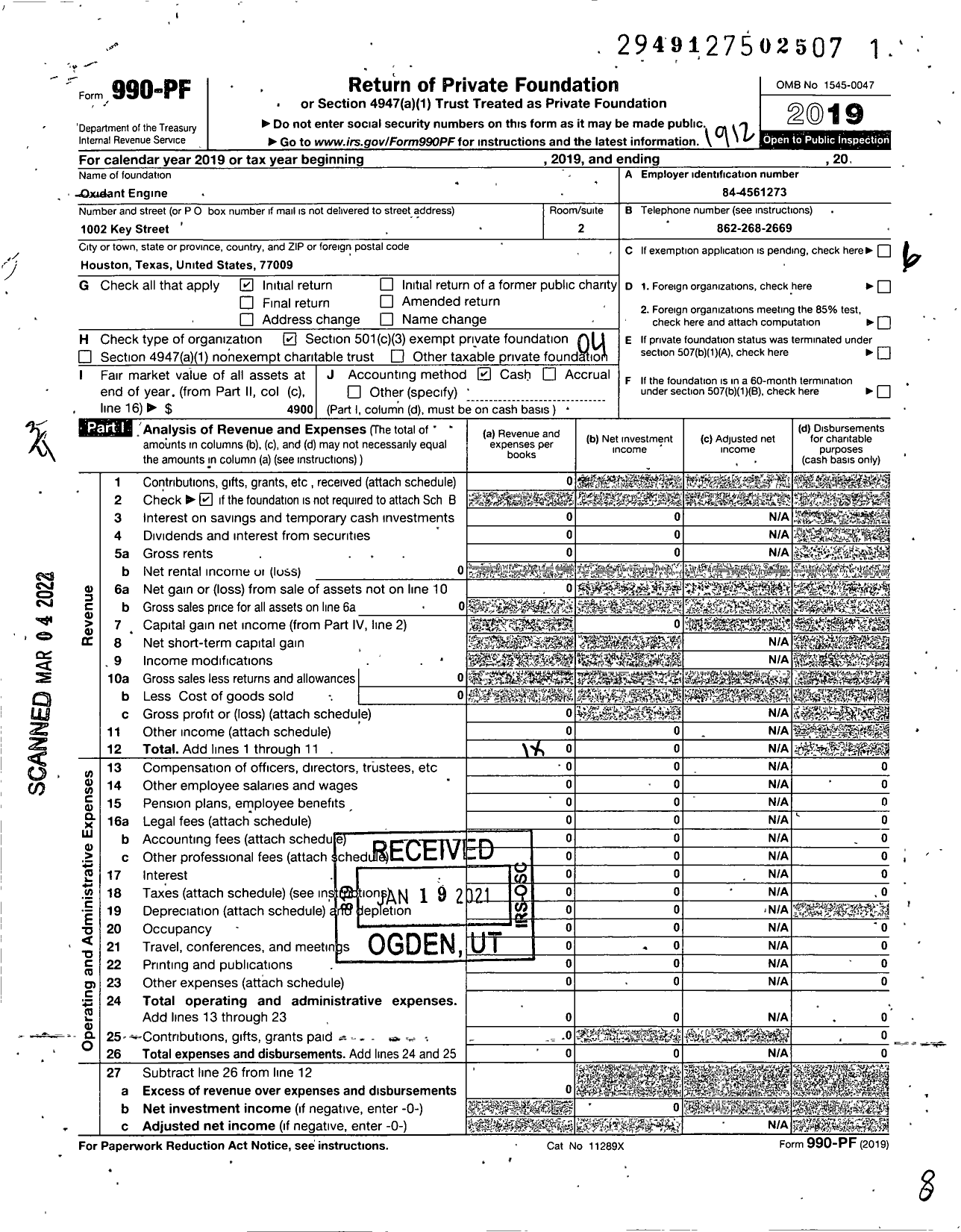 Image of first page of 2019 Form 990PF for Oxidant Engine