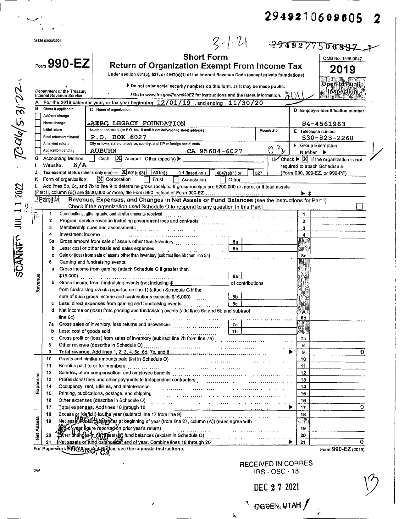 Image of first page of 2019 Form 990EZ for Aerc Legacy Foundation