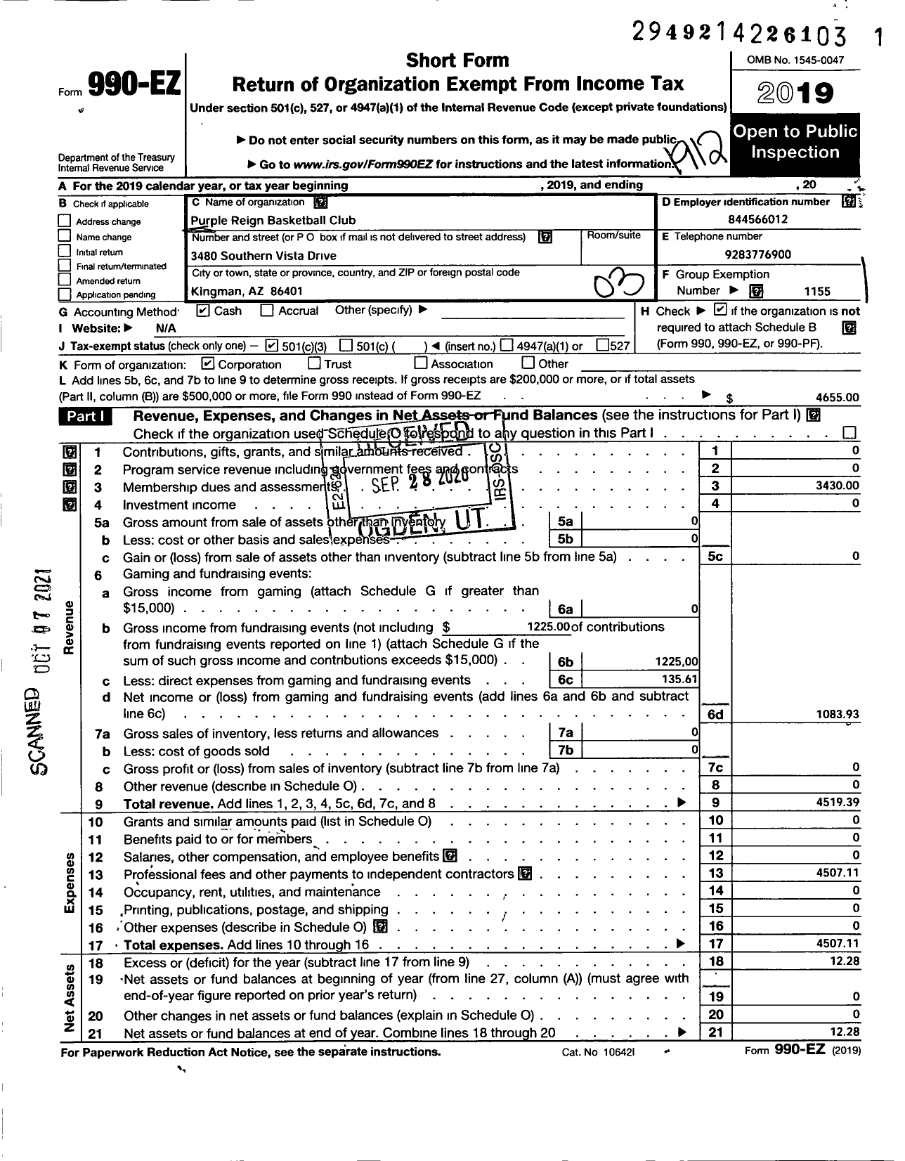 Image of first page of 2019 Form 990EZ for Amateur Athletic Union - Purple Reign Basketball Club