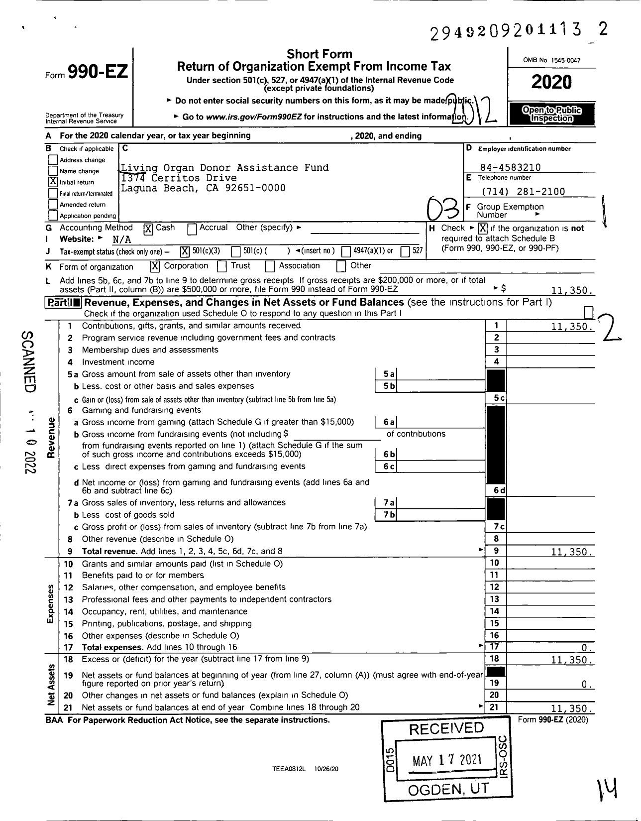 Image of first page of 2020 Form 990EZ for Living Organ Donor Assistance Fund