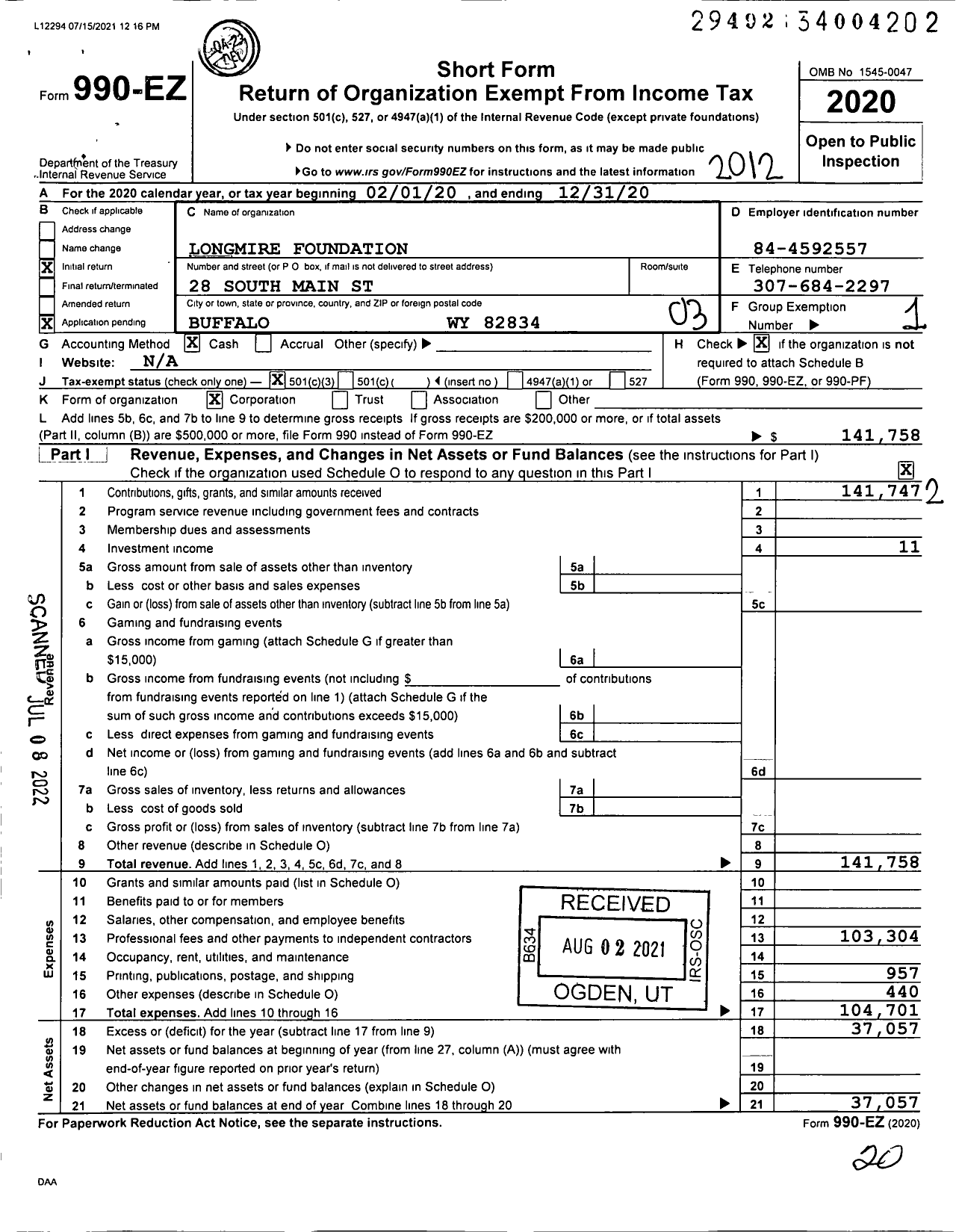 Image of first page of 2020 Form 990EZ for Longmire Foundation