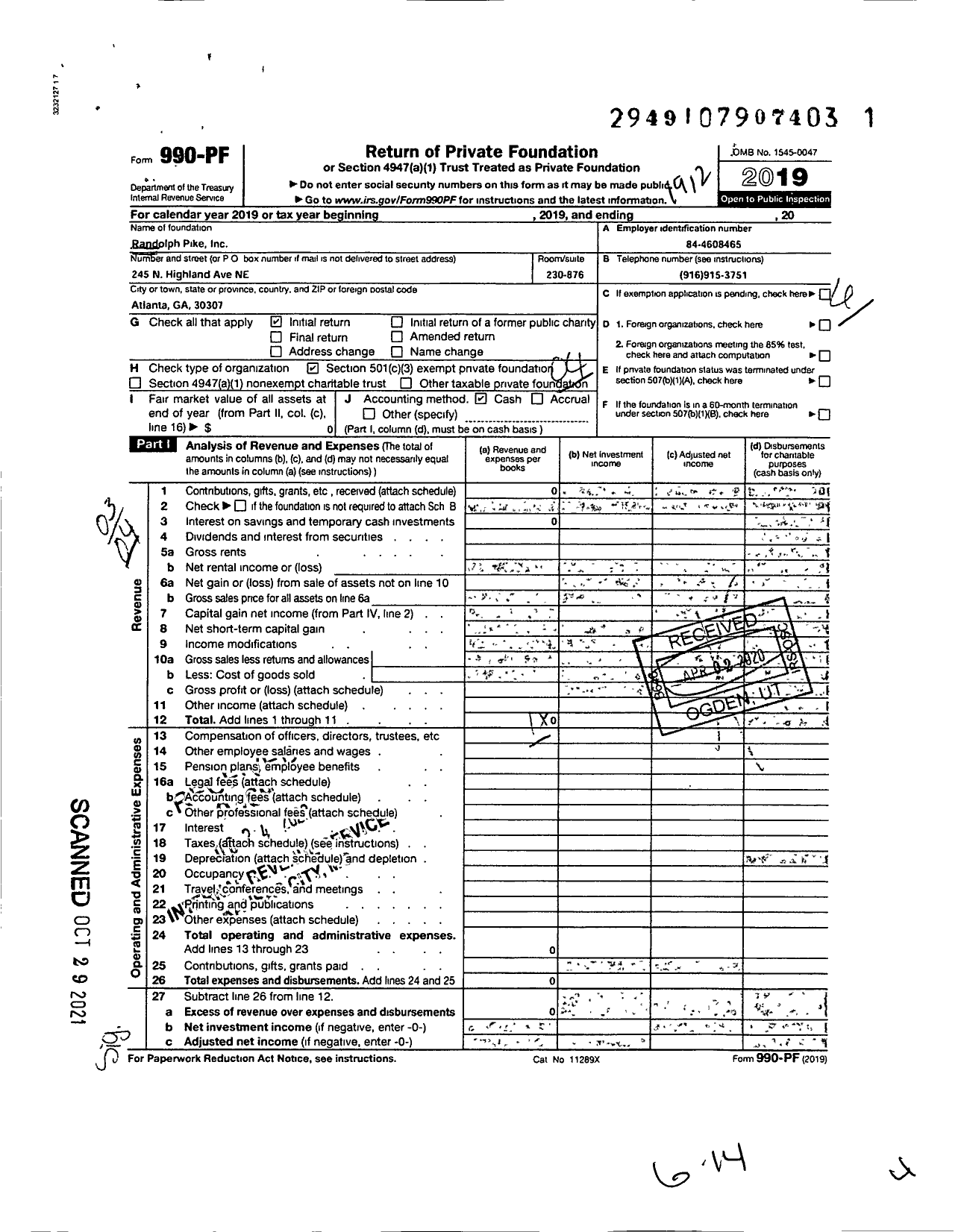 Image of first page of 2019 Form 990PF for Randolph Pike