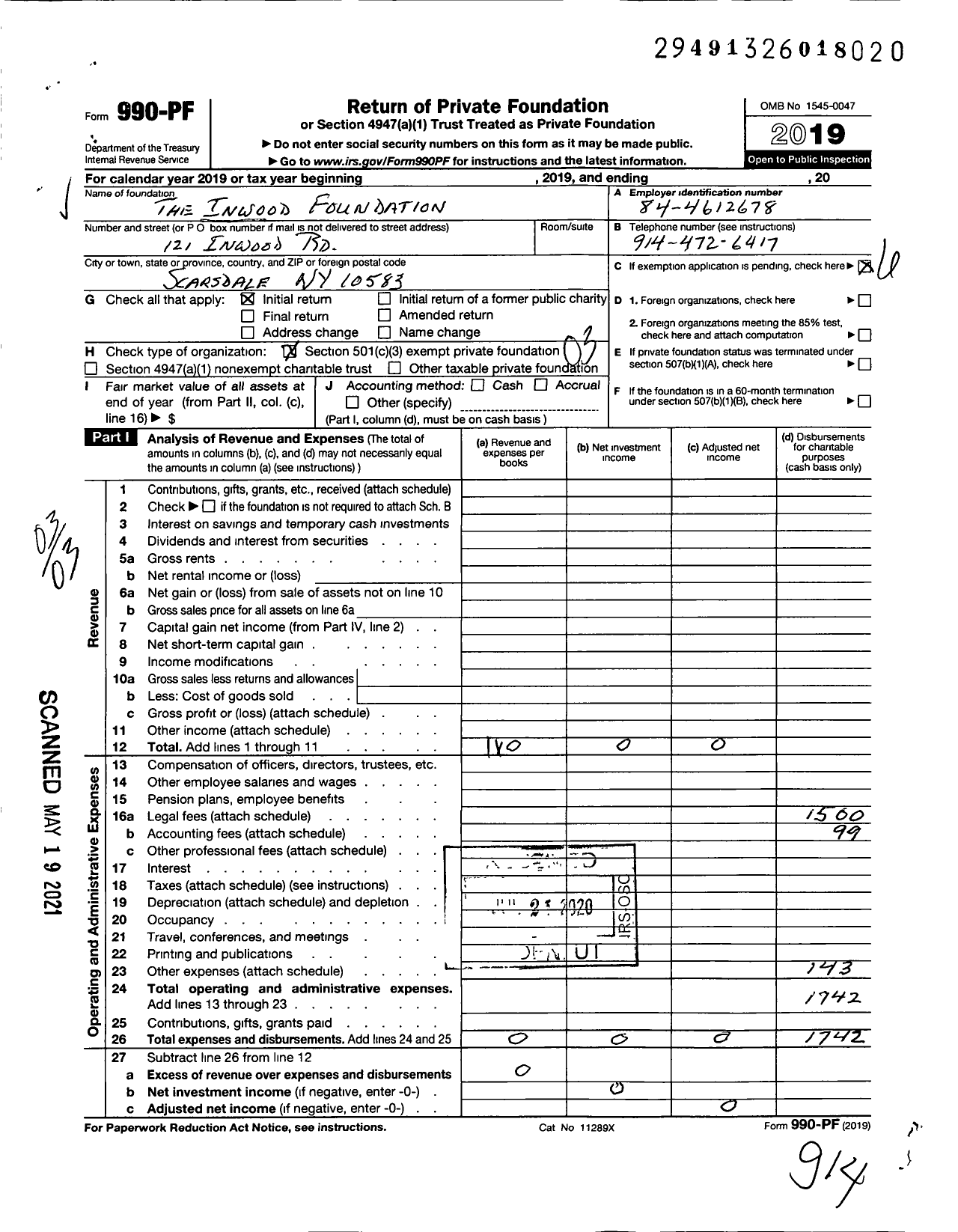 Image of first page of 2019 Form 990PF for The Inwood Foundation