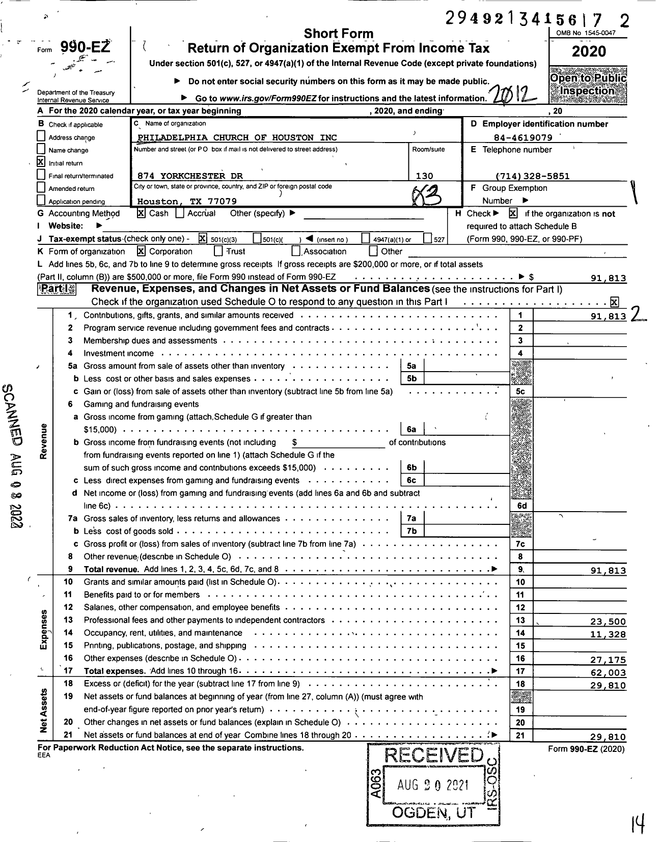 Image of first page of 2020 Form 990EZ for Philadelphia Church of Houston