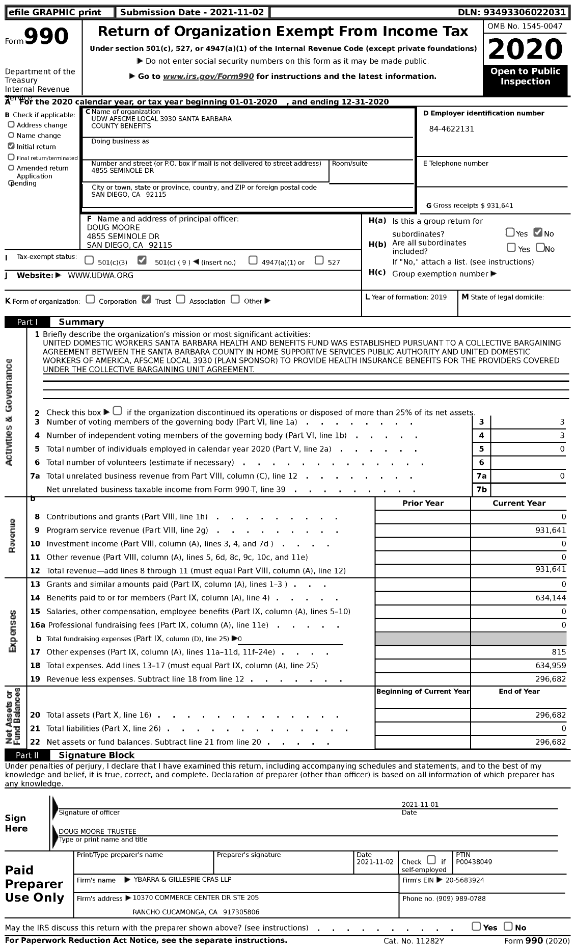 Image of first page of 2020 Form 990 for Udw AFSCME Local 3930 Santa Barbara County Benefits