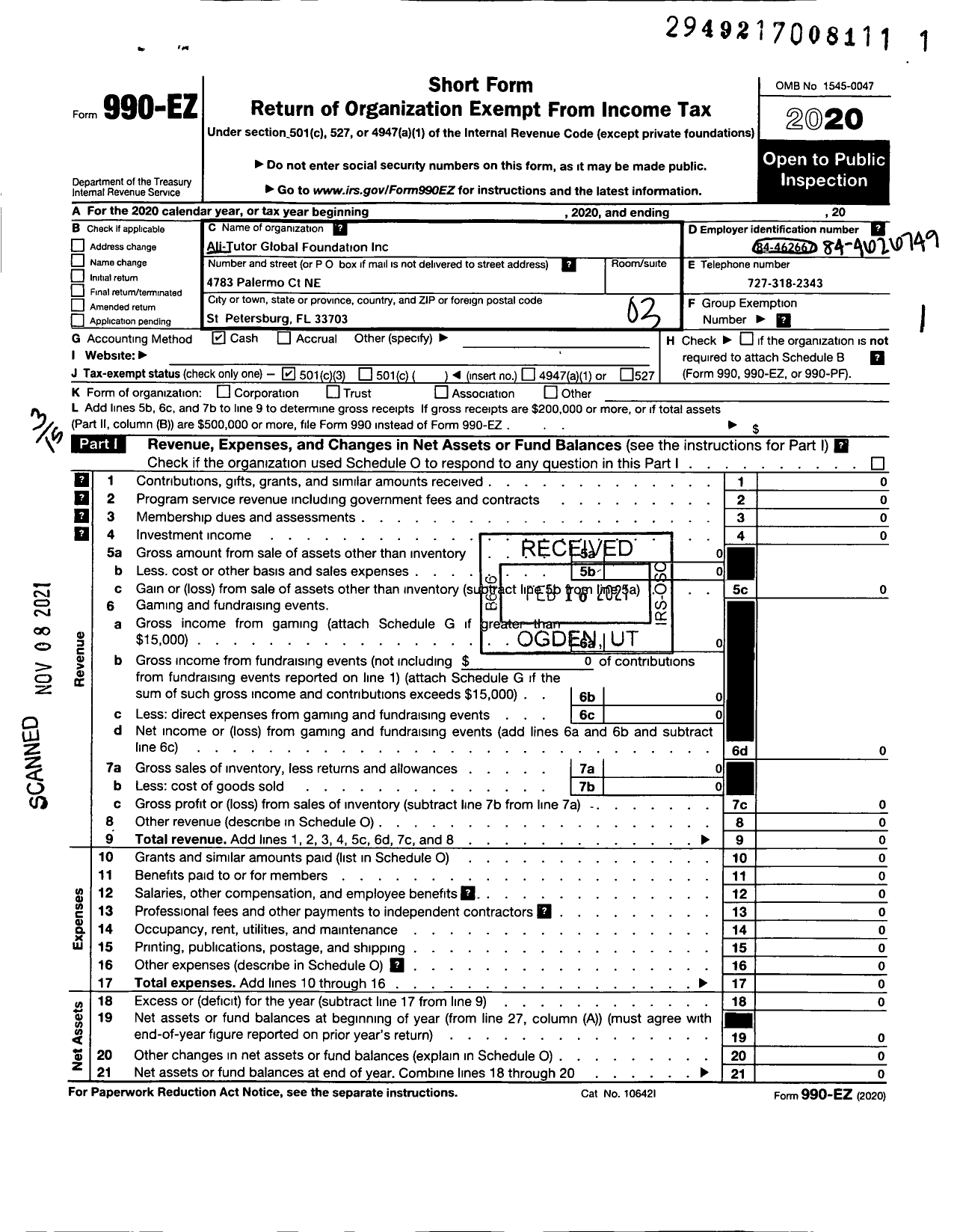 Image of first page of 2020 Form 990EZ for Ali-Tutor Global Foundation