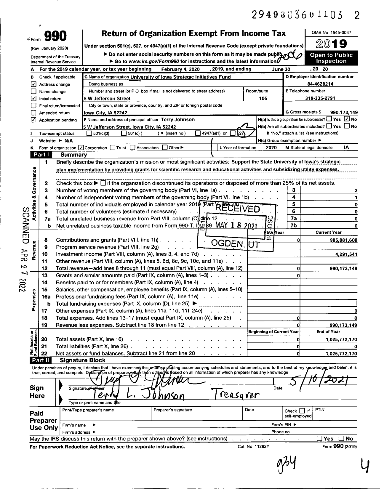 Image of first page of 2019 Form 990 for University of Iowa Strategic Initiatives Fund