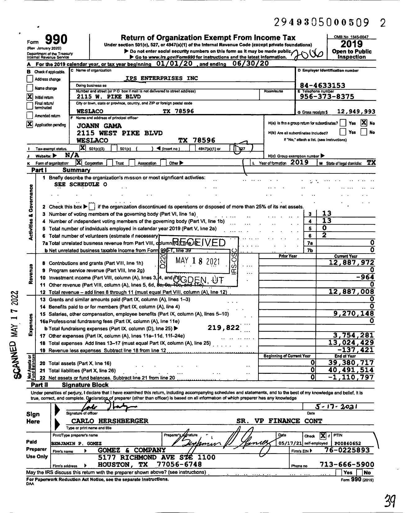 Image of first page of 2019 Form 990 for IPS Enterprises