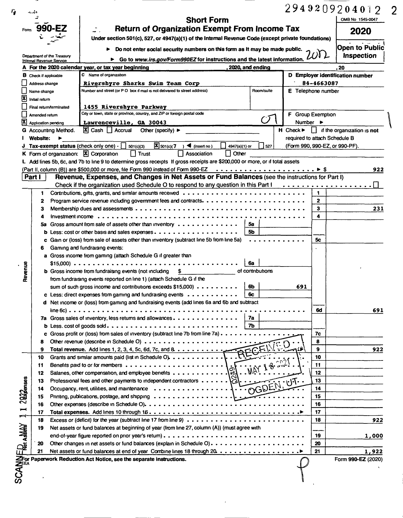 Image of first page of 2020 Form 990EO for Rivershyre Sharks Swim Team Corp