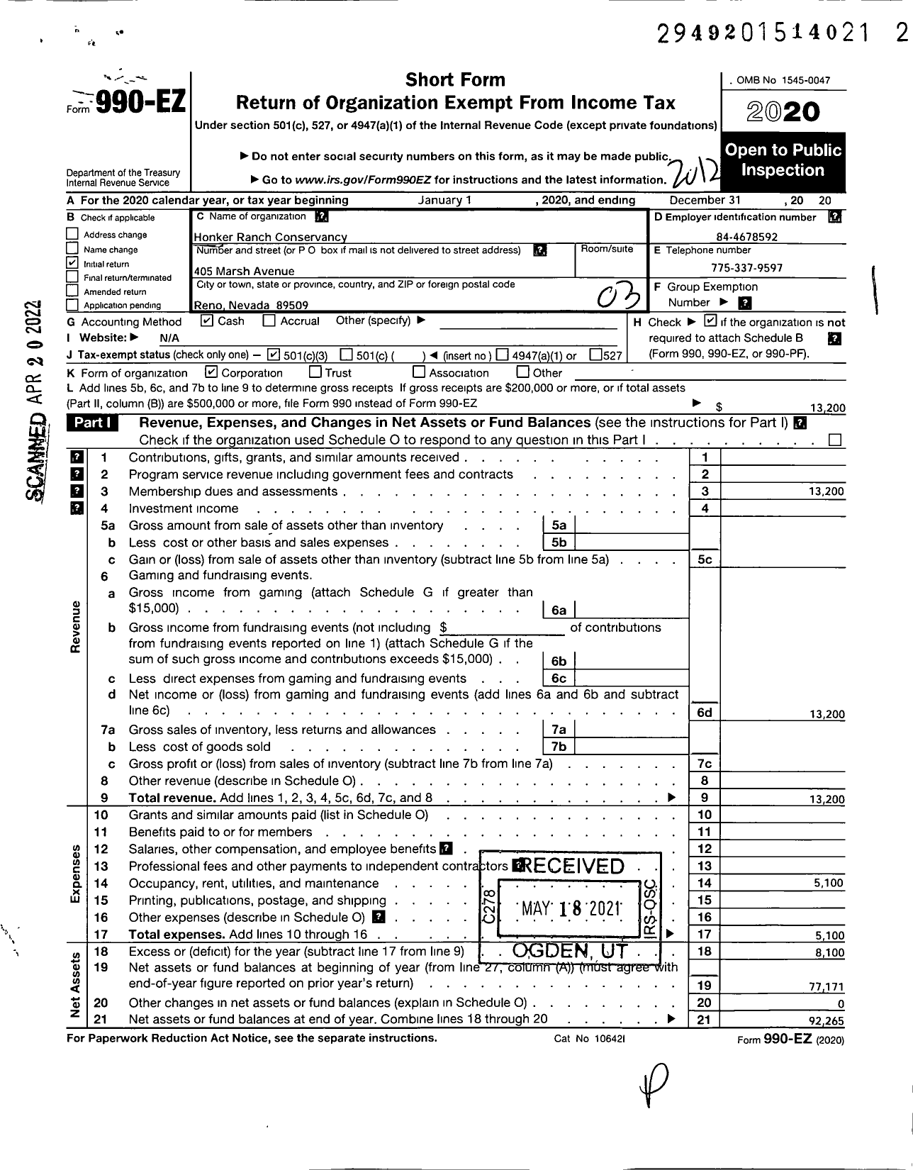 Image of first page of 2020 Form 990EZ for Honker Ranch Conervancy