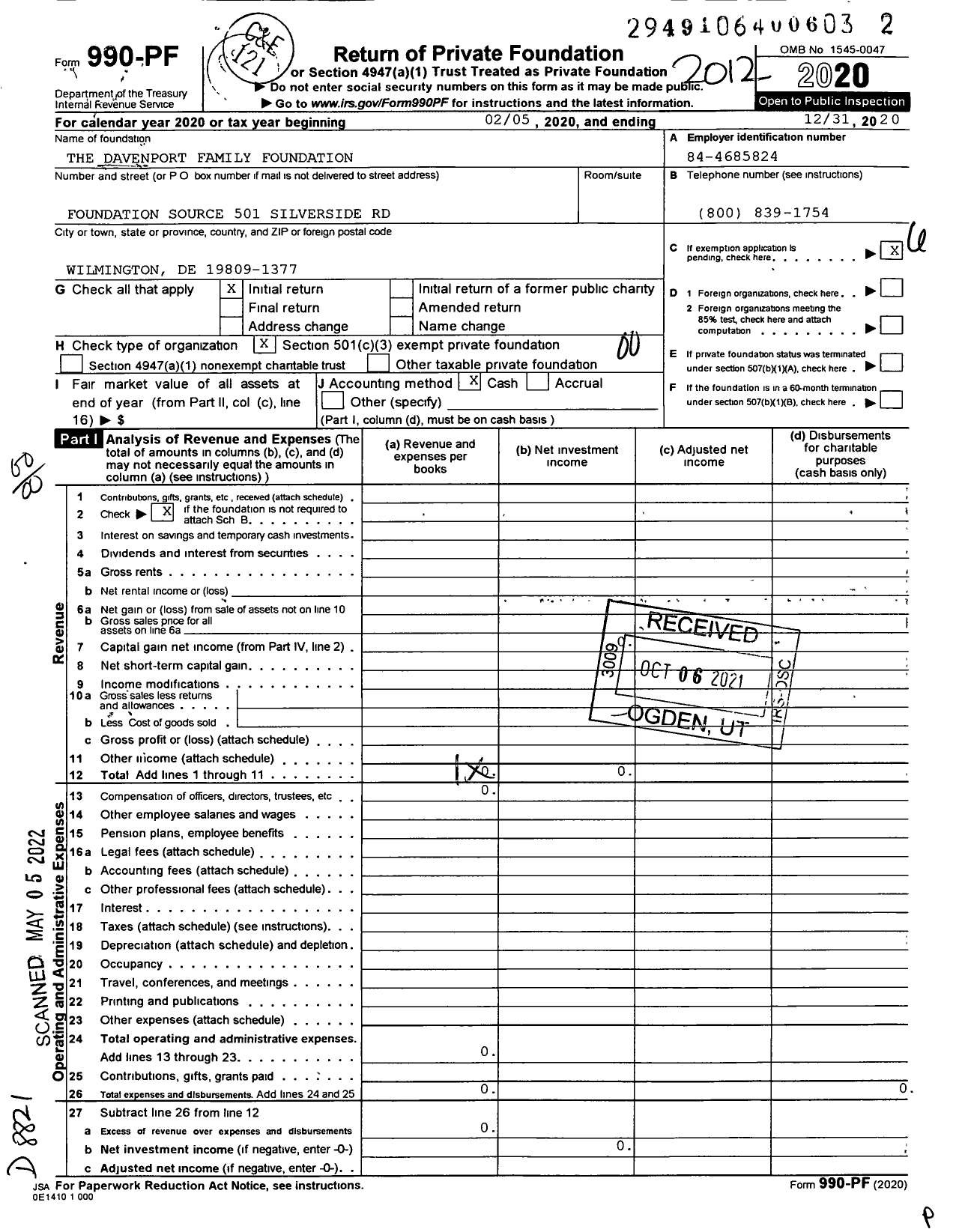Image of first page of 2020 Form 990PF for The Davenport Family Foundation