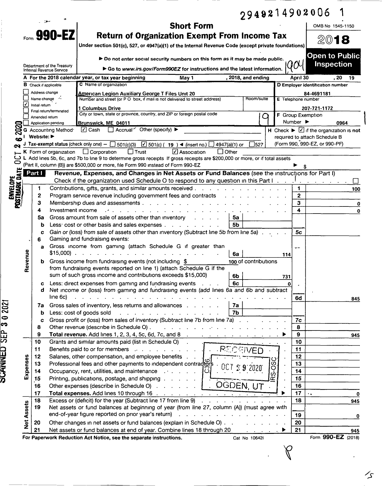 Image of first page of 2018 Form 990EO for American Legion Auxiliary - 20 Ala George T Files Unit