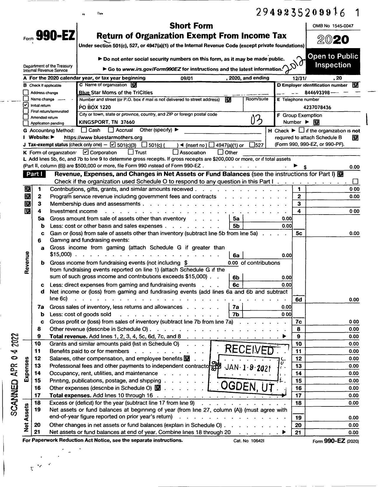 Image of first page of 2020 Form 990EZ for Blue Star Mothers of America / TN6 Blue Star Moms of the Tricities