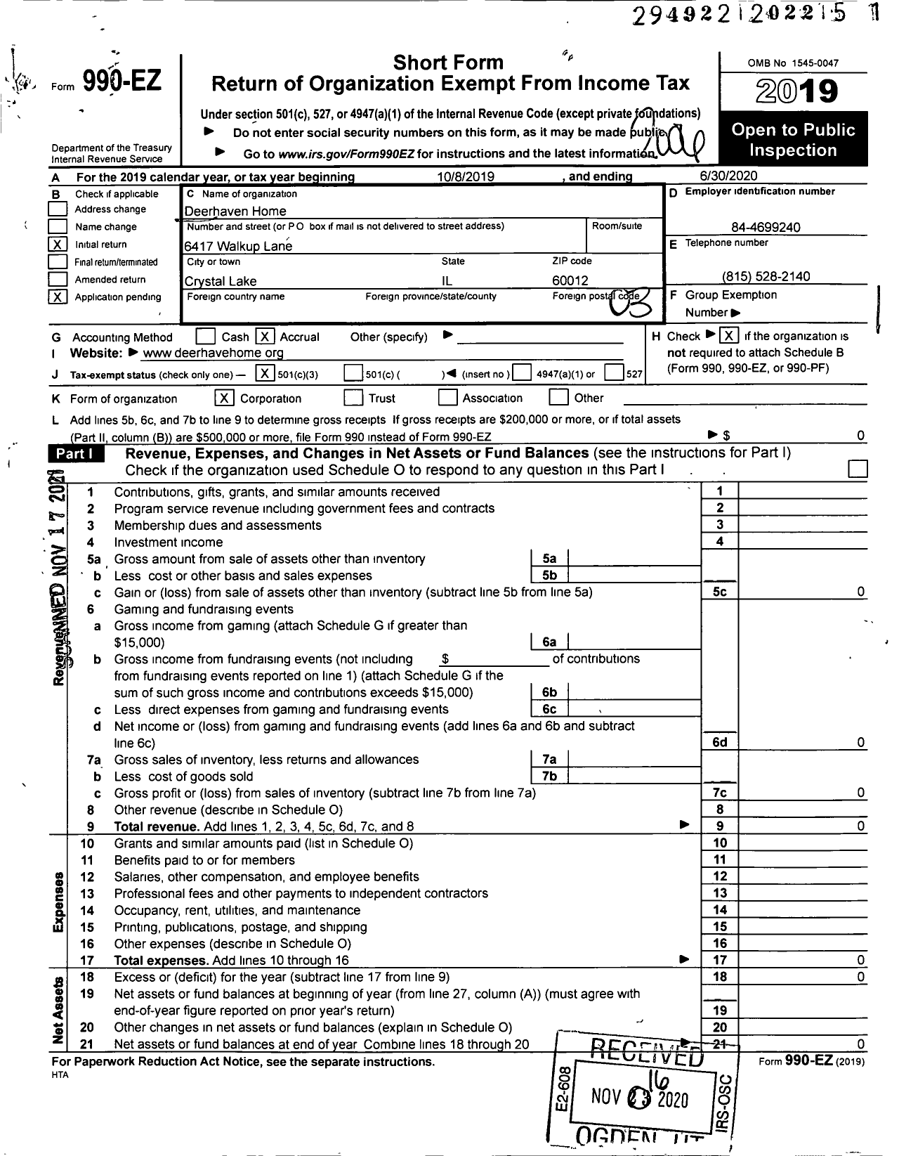 Image of first page of 2019 Form 990EZ for Deerhaven Home