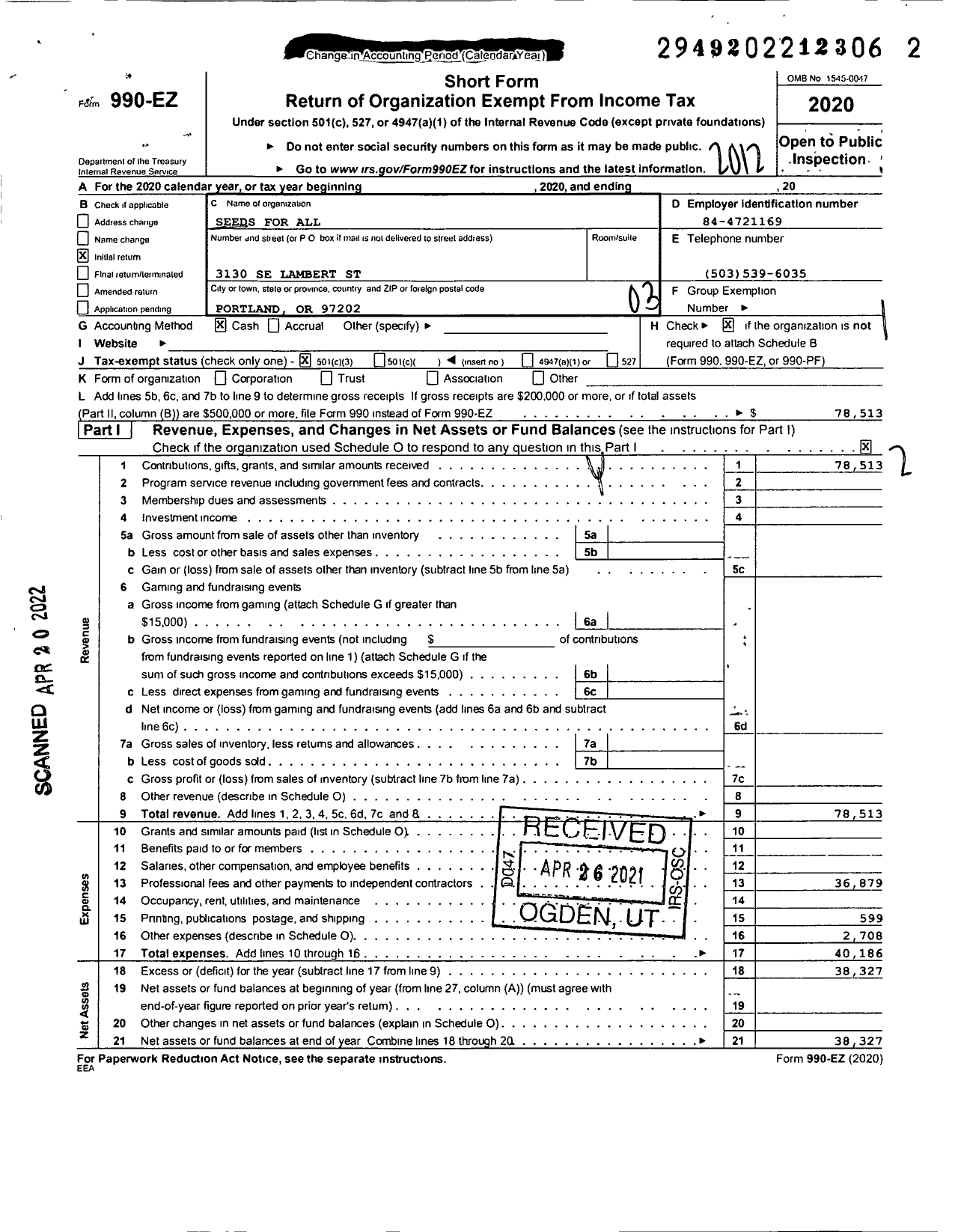 Image of first page of 2020 Form 990EZ for Seeds for All