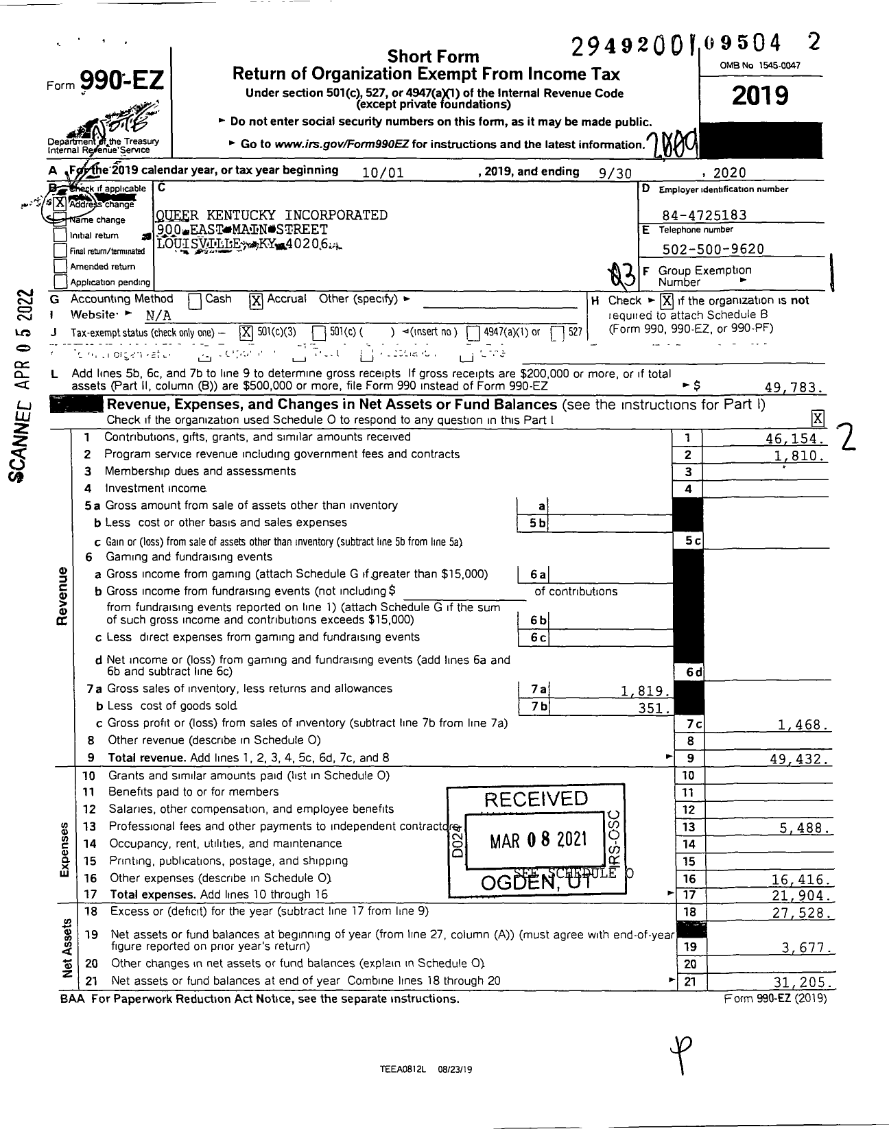 Image of first page of 2019 Form 990EZ for Queer Kentucky