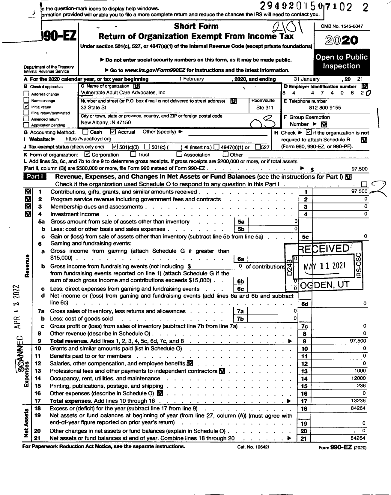 Image of first page of 2020 Form 990EZ for Vulnerable Adult Care Advocates