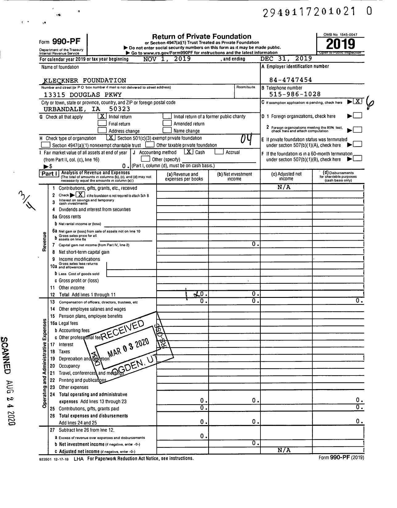 Image of first page of 2019 Form 990PR for Kleckner Foundation