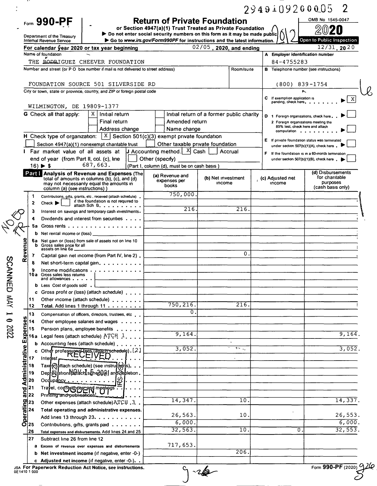 Image of first page of 2020 Form 990PF for The Rodriguez Cheever Foundation