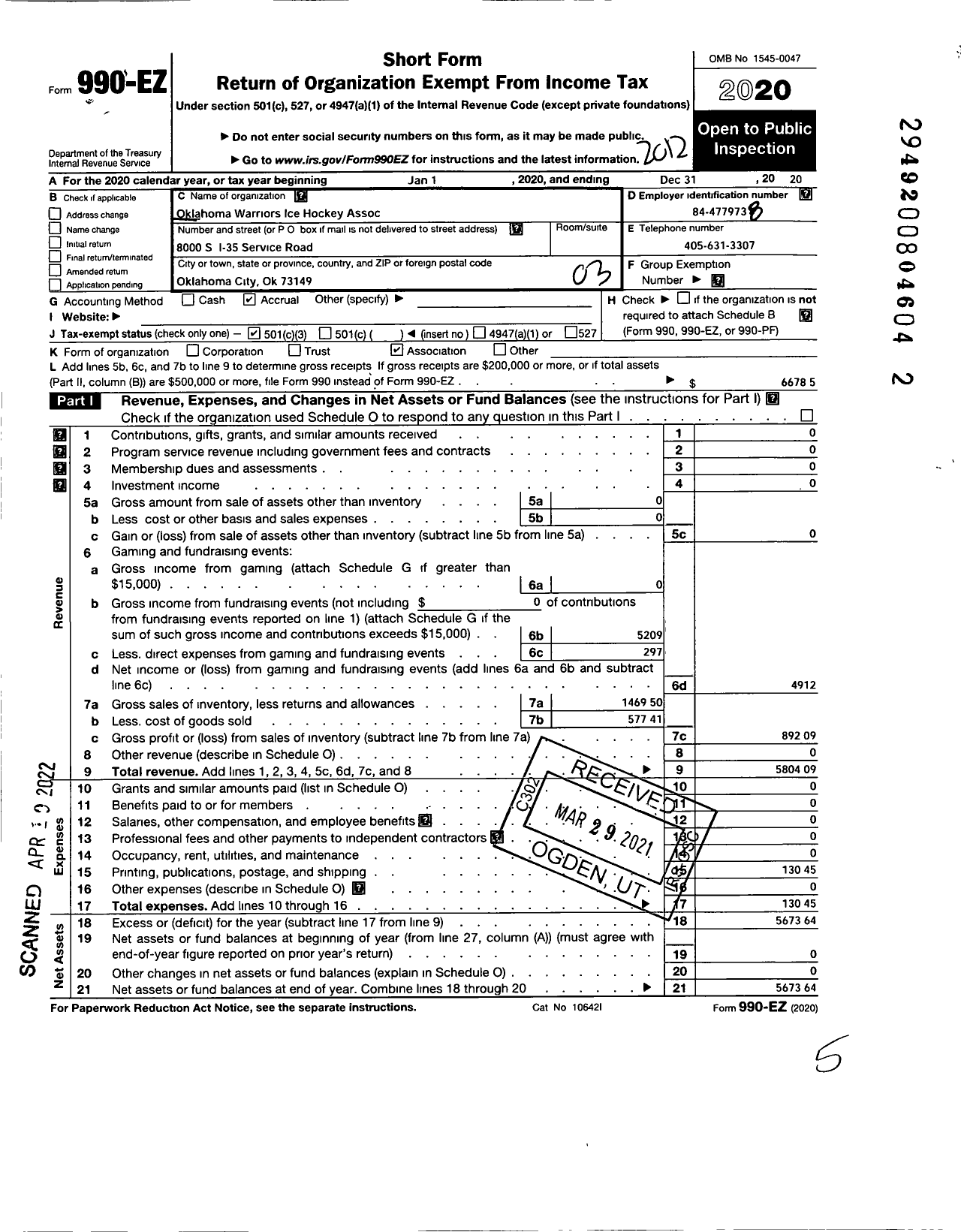 Image of first page of 2020 Form 990EZ for Oklahoma Warriors Veteran Hockey Association