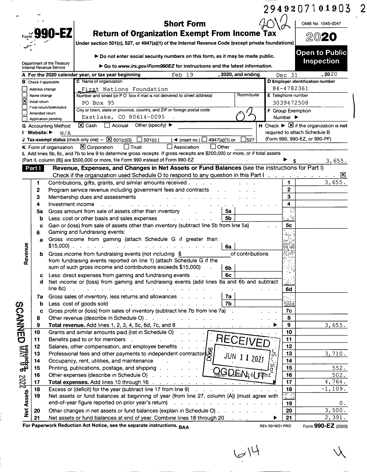 Image of first page of 2020 Form 990EZ for First Nations Foundation