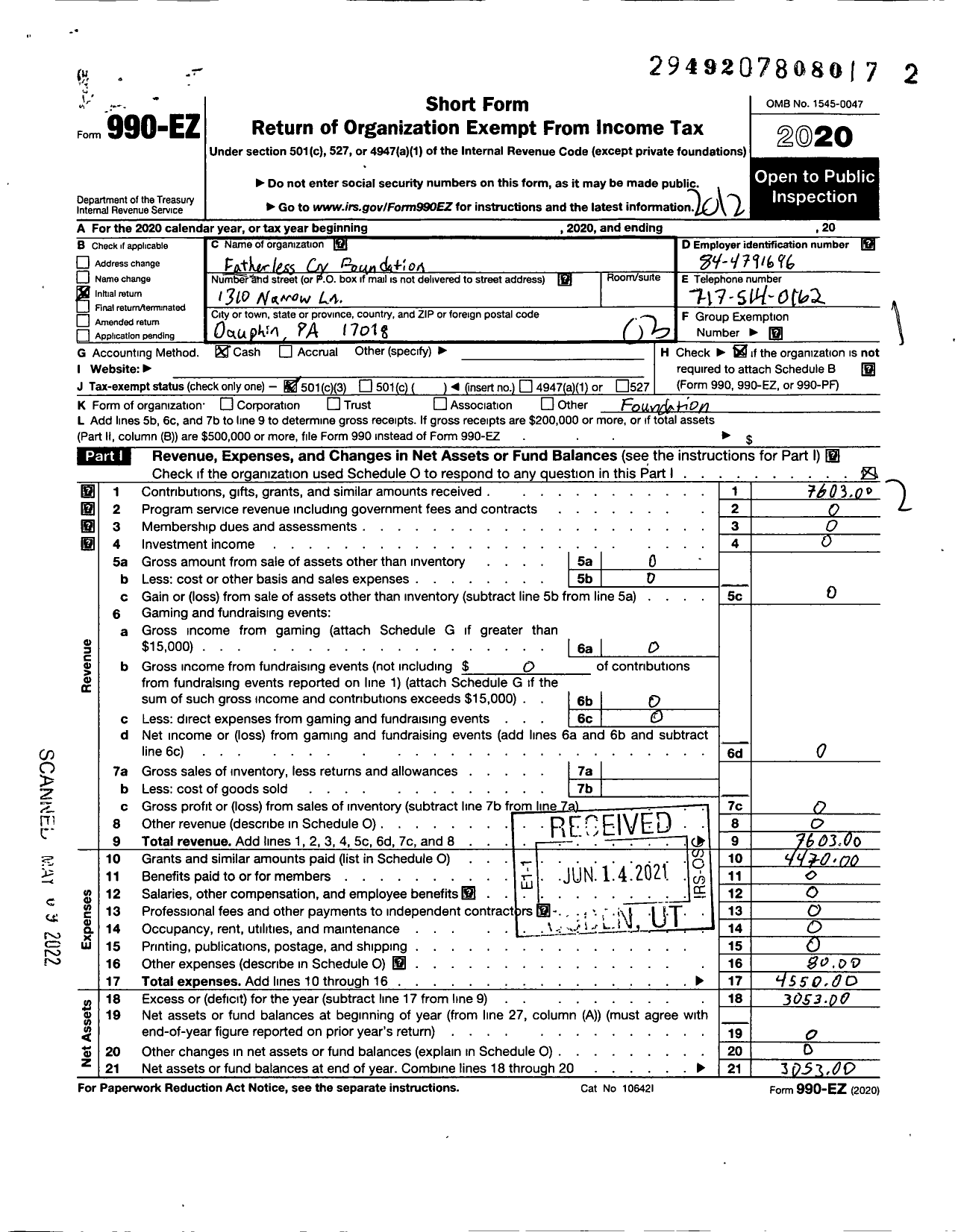 Image of first page of 2020 Form 990EZ for Fatherless Cry Foundation