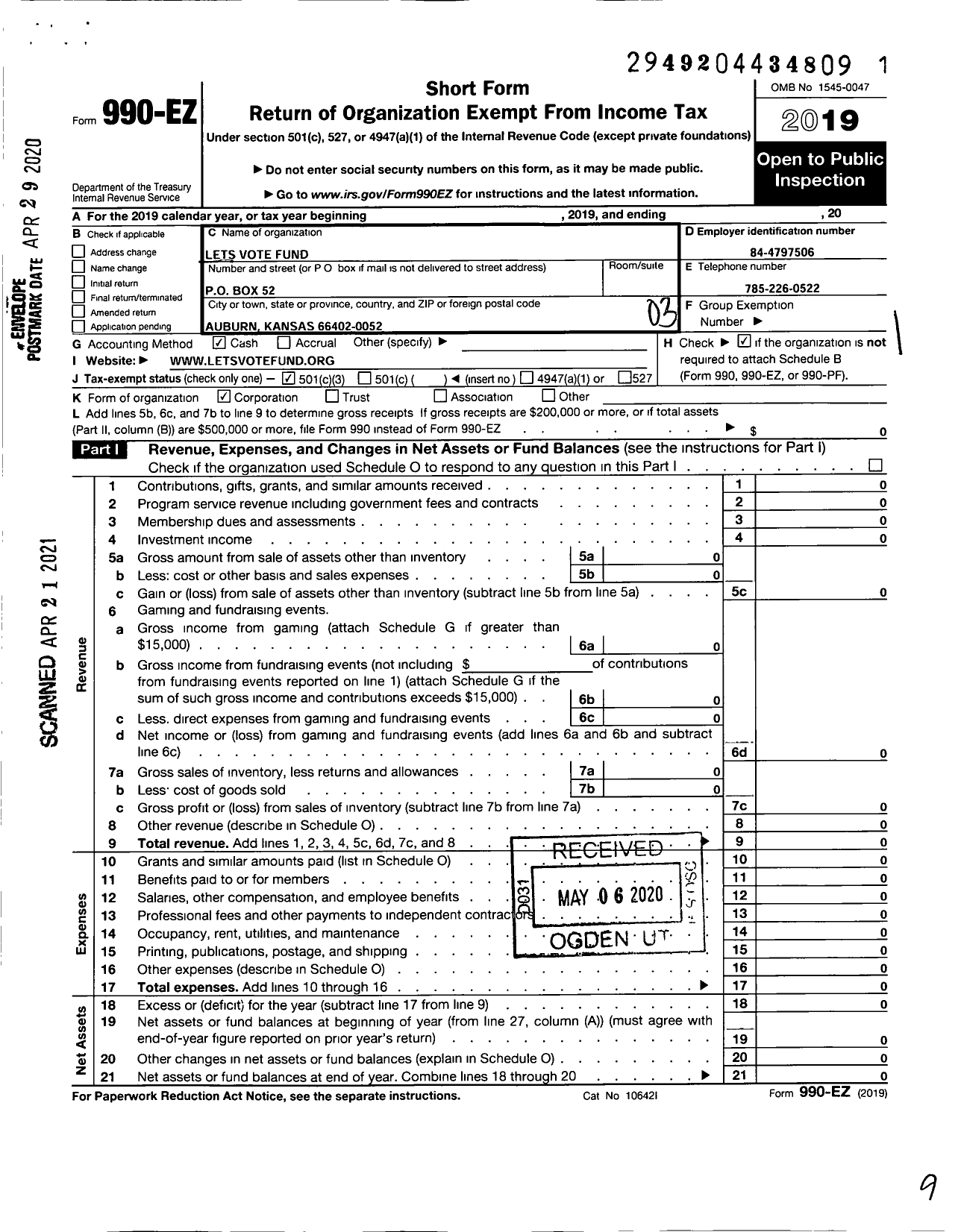 Image of first page of 2019 Form 990EZ for Lets Vote Fund