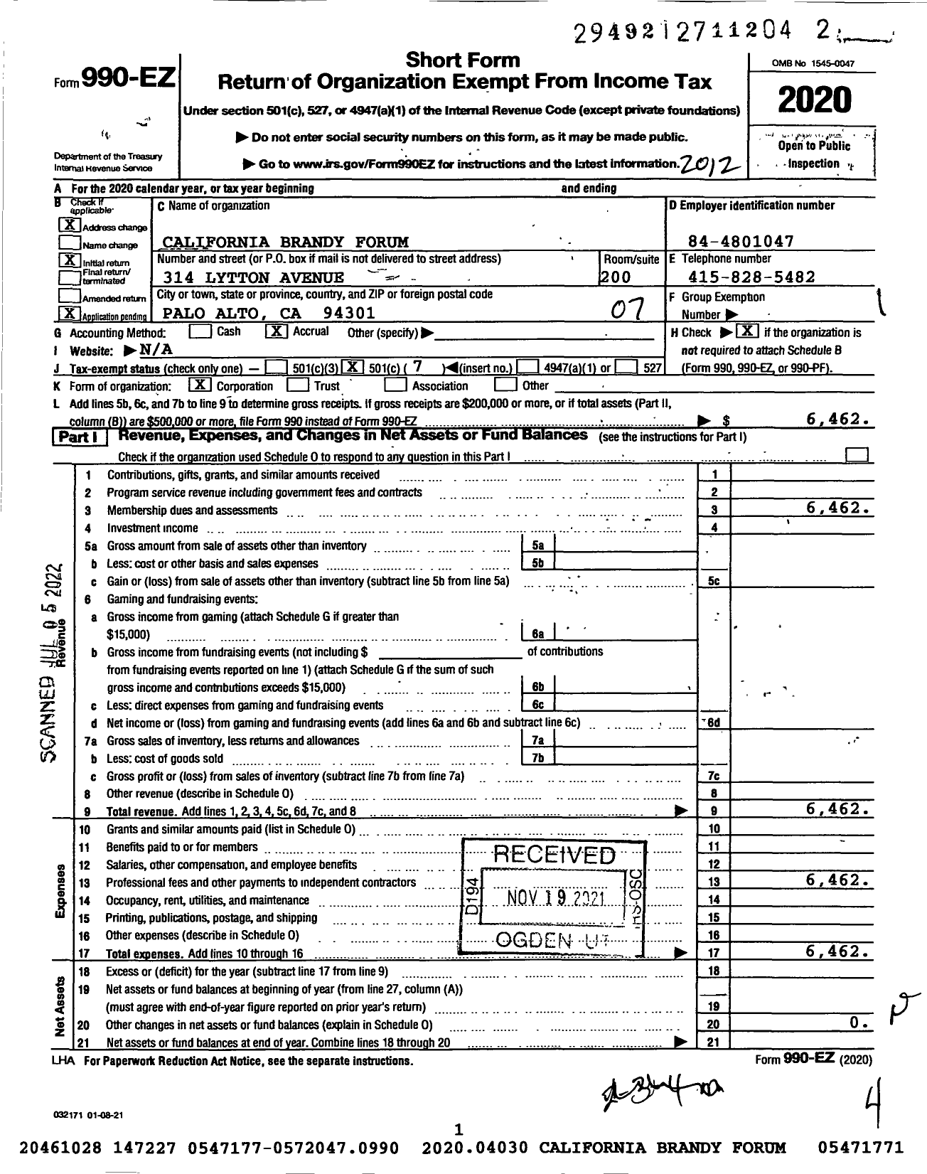 Image of first page of 2020 Form 990EO for California Brandy Forum