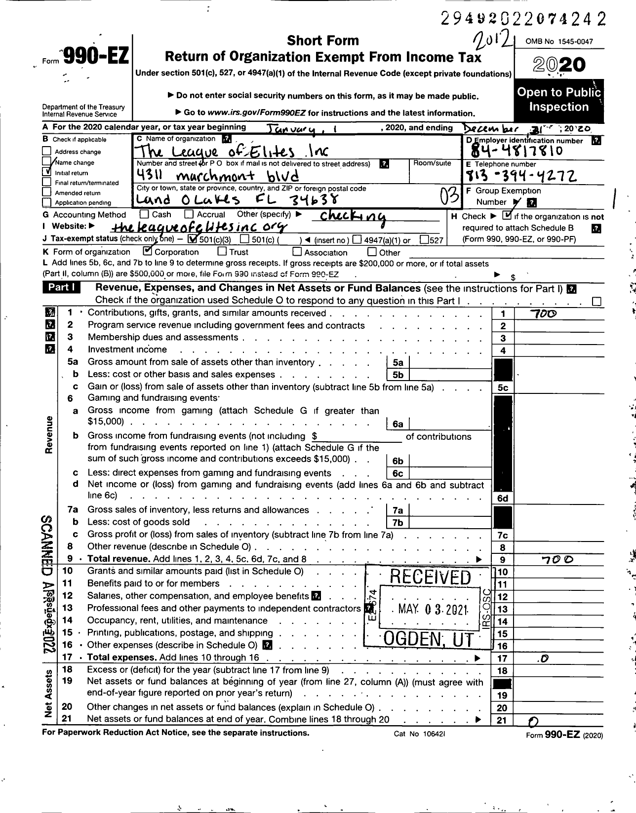 Image of first page of 2020 Form 990EZ for League of Elites