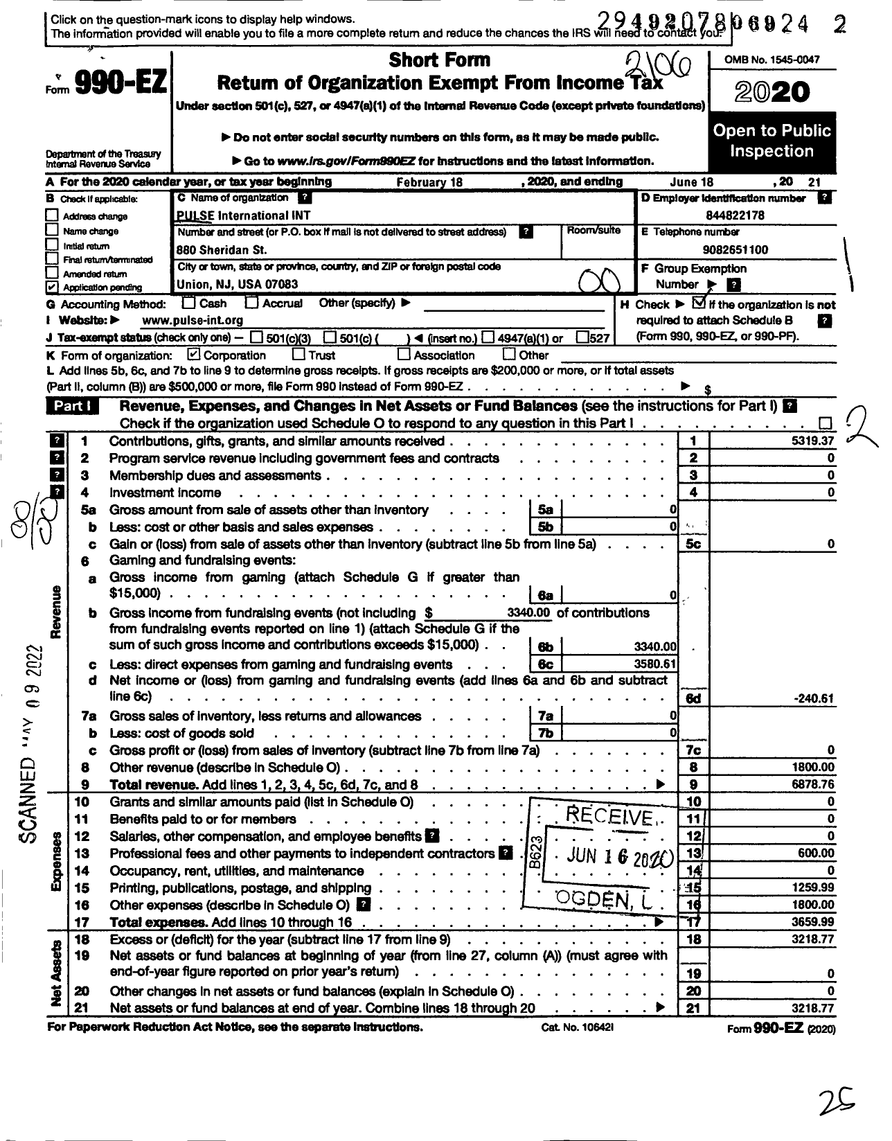 Image of first page of 2020 Form 990EO for PULSE International