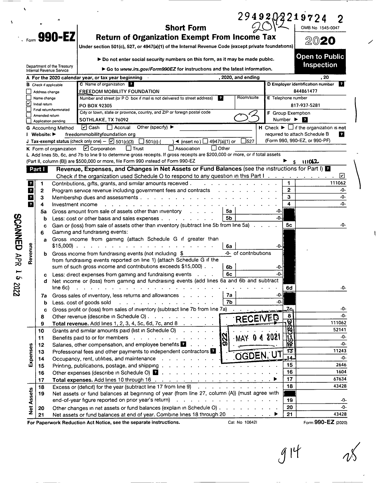 Image of first page of 2020 Form 990EZ for Freedom Mobility Foundation