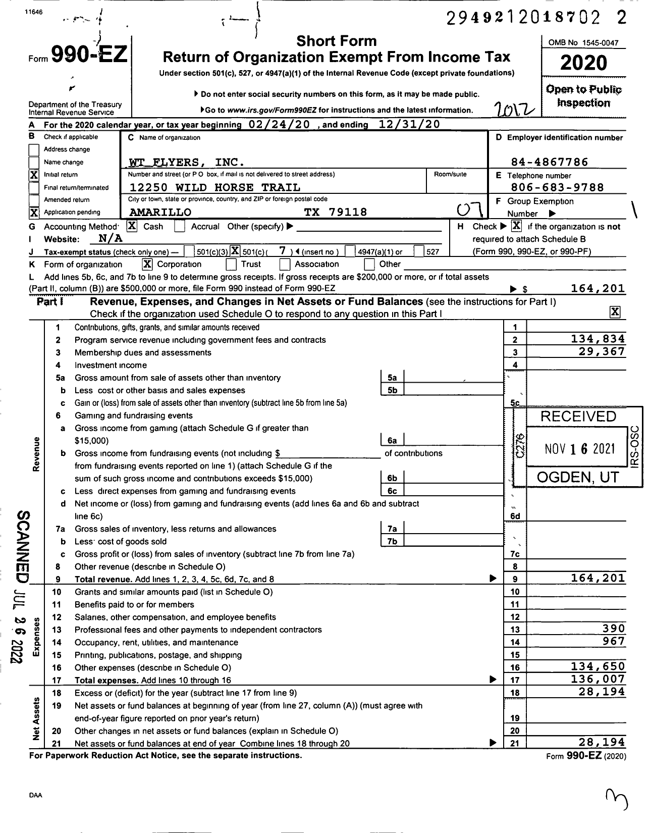 Image of first page of 2020 Form 990EO for WT Flyers